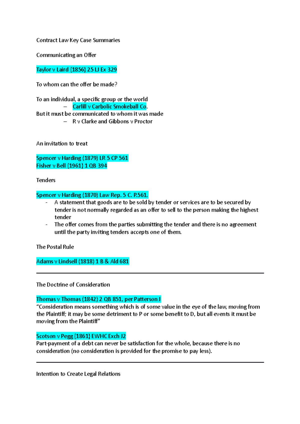 Contract Law Key Case Summaries - LBU - Studocu