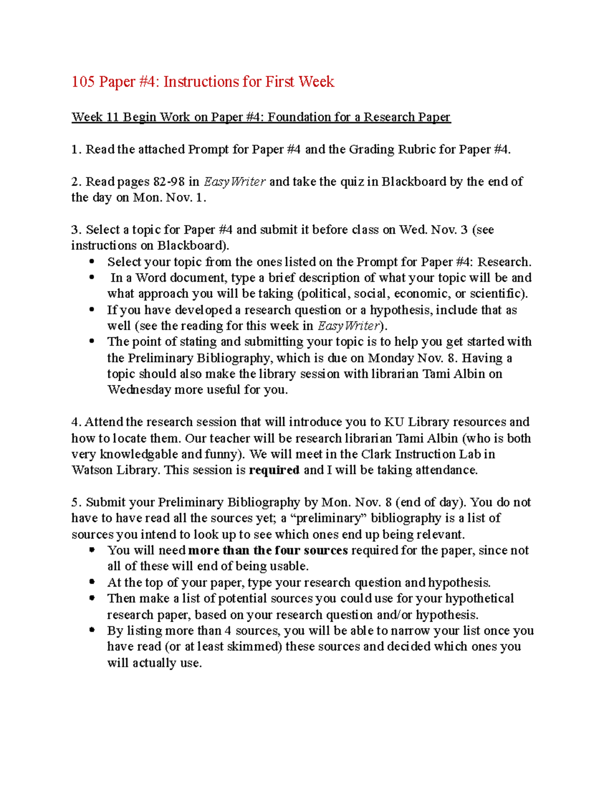 Instructions For First Week 105 Paper 4 Instructions For First Week