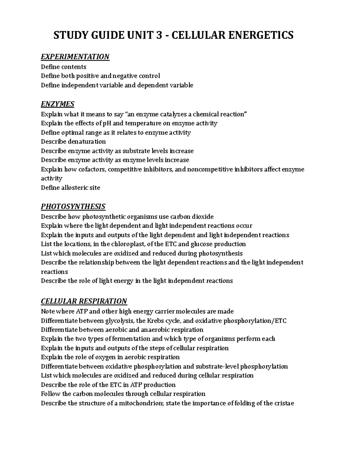 Study Guide UNIT 3 AP Biology - STUDY GUIDE UNIT 3 - CELLULAR ...