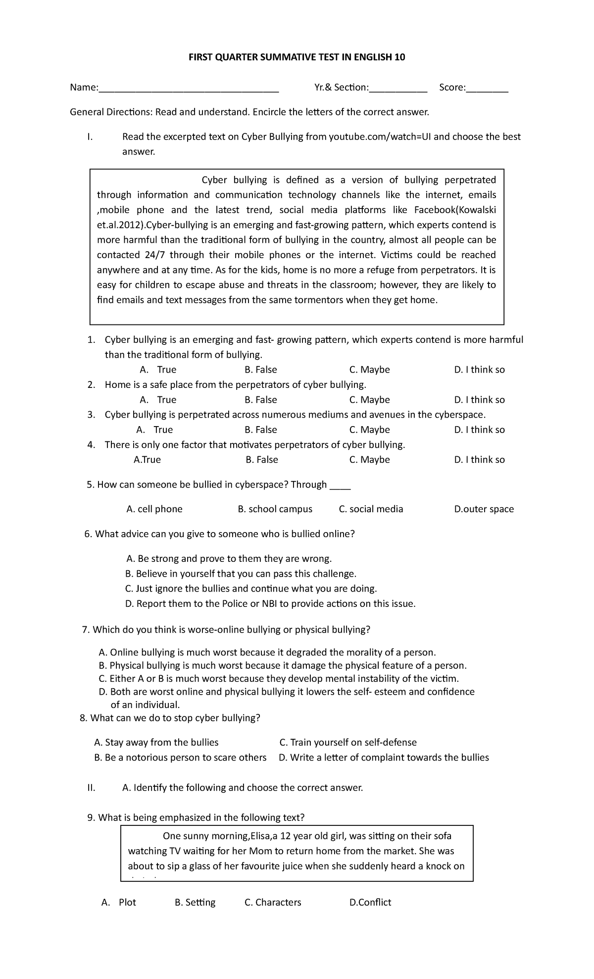 English 10 - First Quarter -summative Test - FIRST QUARTER SUMMATIVE ...