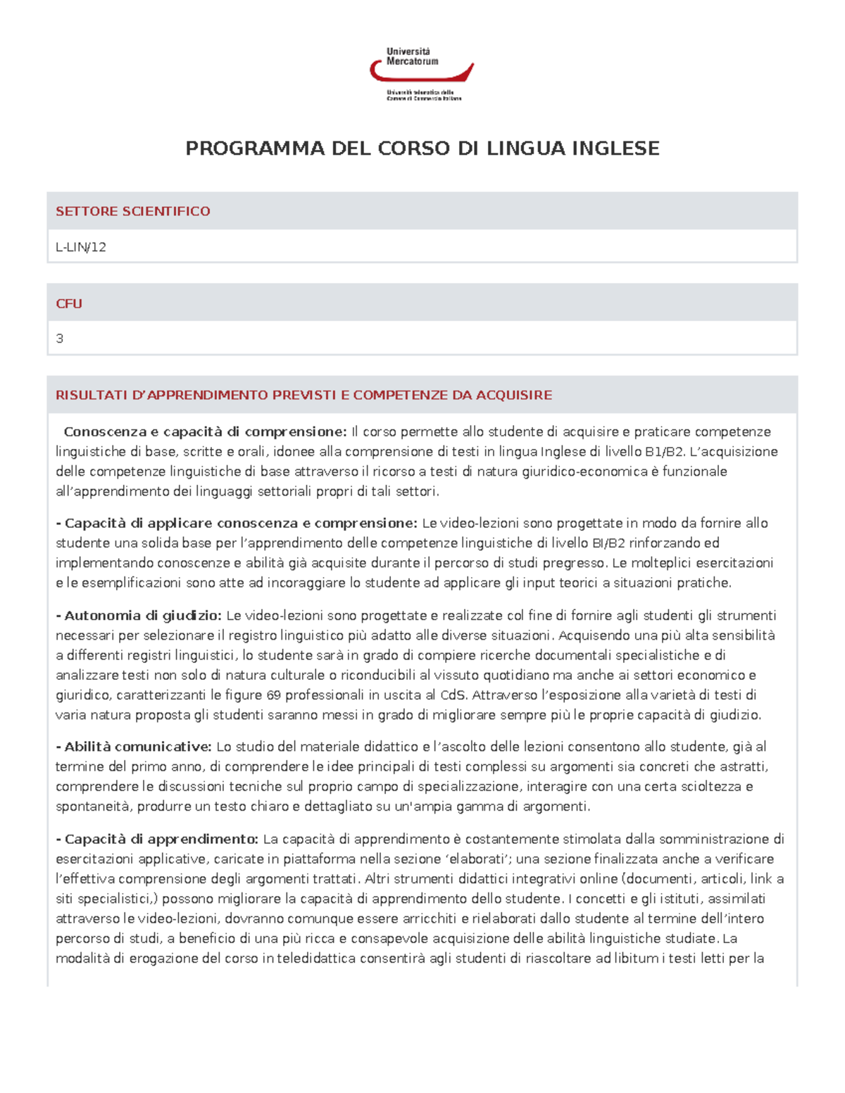 Programma Llin Programma Del Corso Di Lingua Inglese Settore Scientifico L Lin Cfu