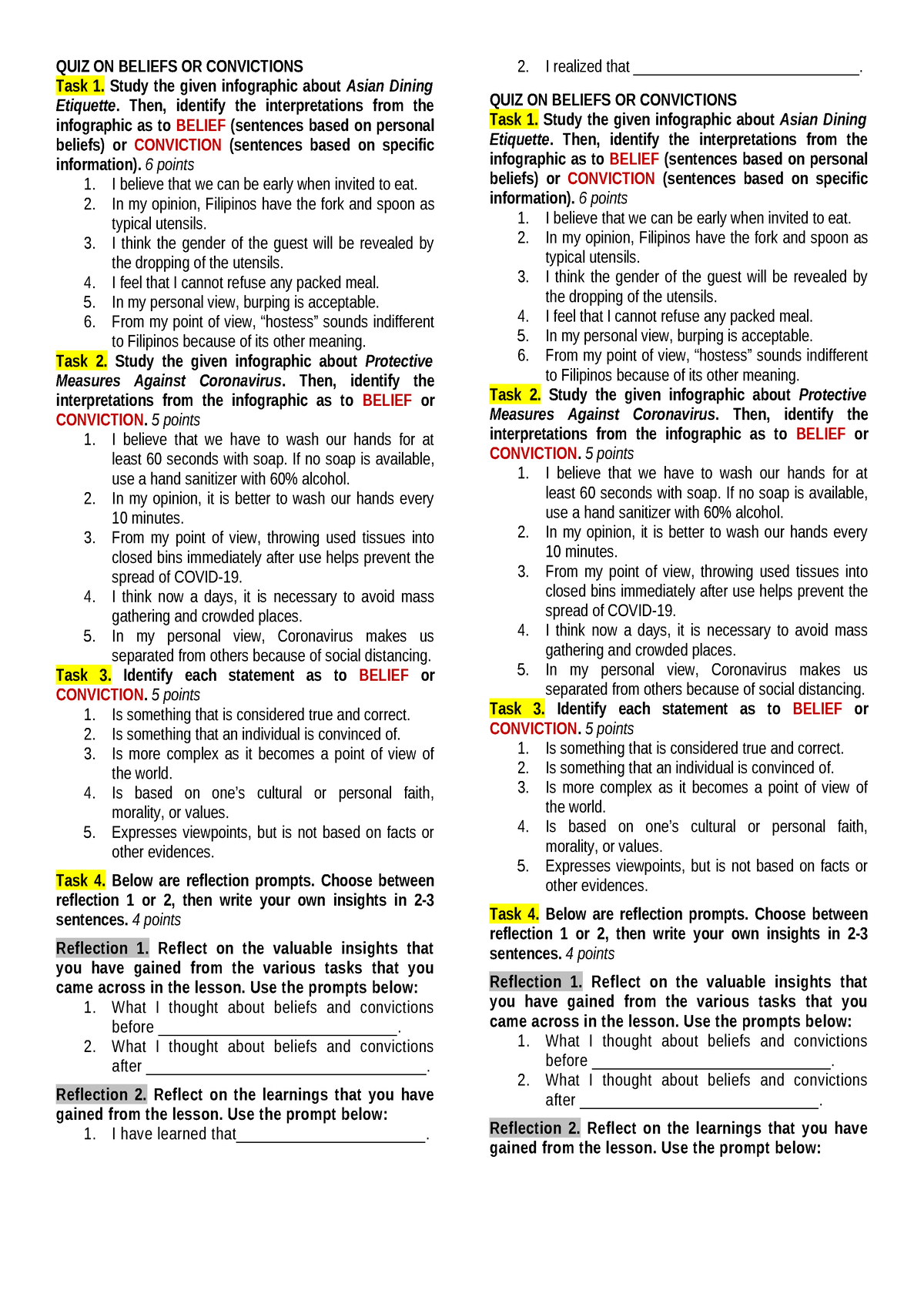 Beliefs & Convictions - QUIZ ON BELIEFS OR CONVICTIONS Task 1. Study ...