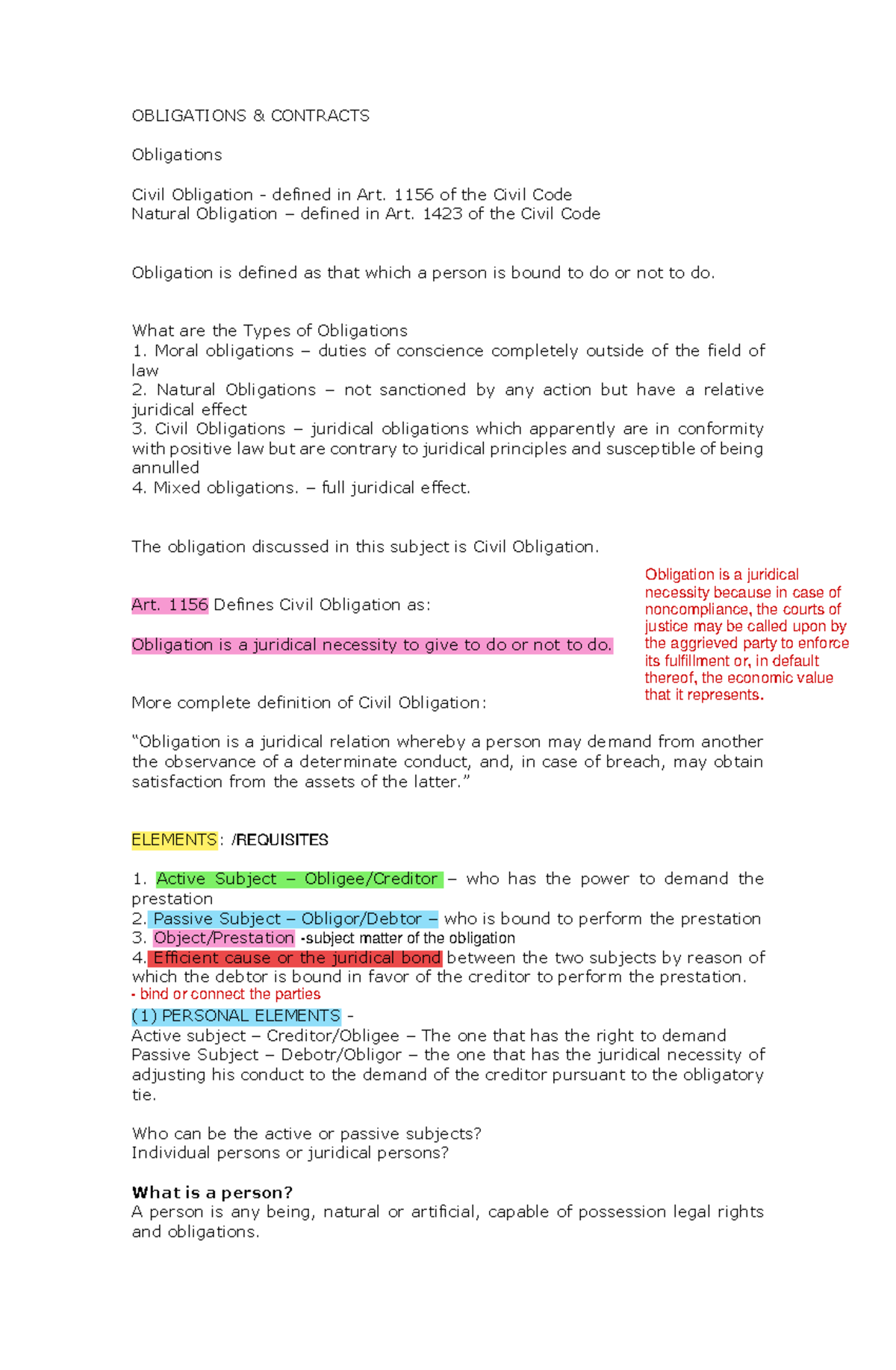 Notes for law obligation - OBLIGATIONS & CONTRACTS Obligations Civil ...