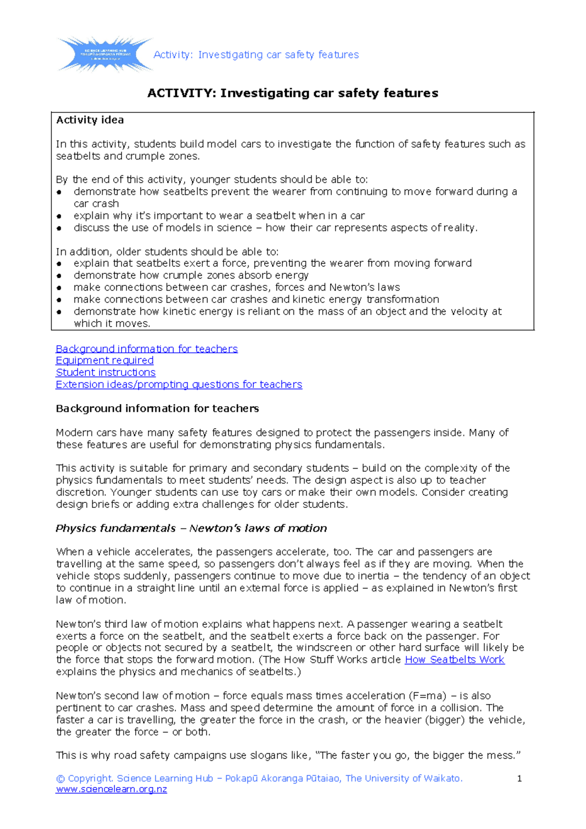 Investigating car safety features ACTIVITY Investigating car safety