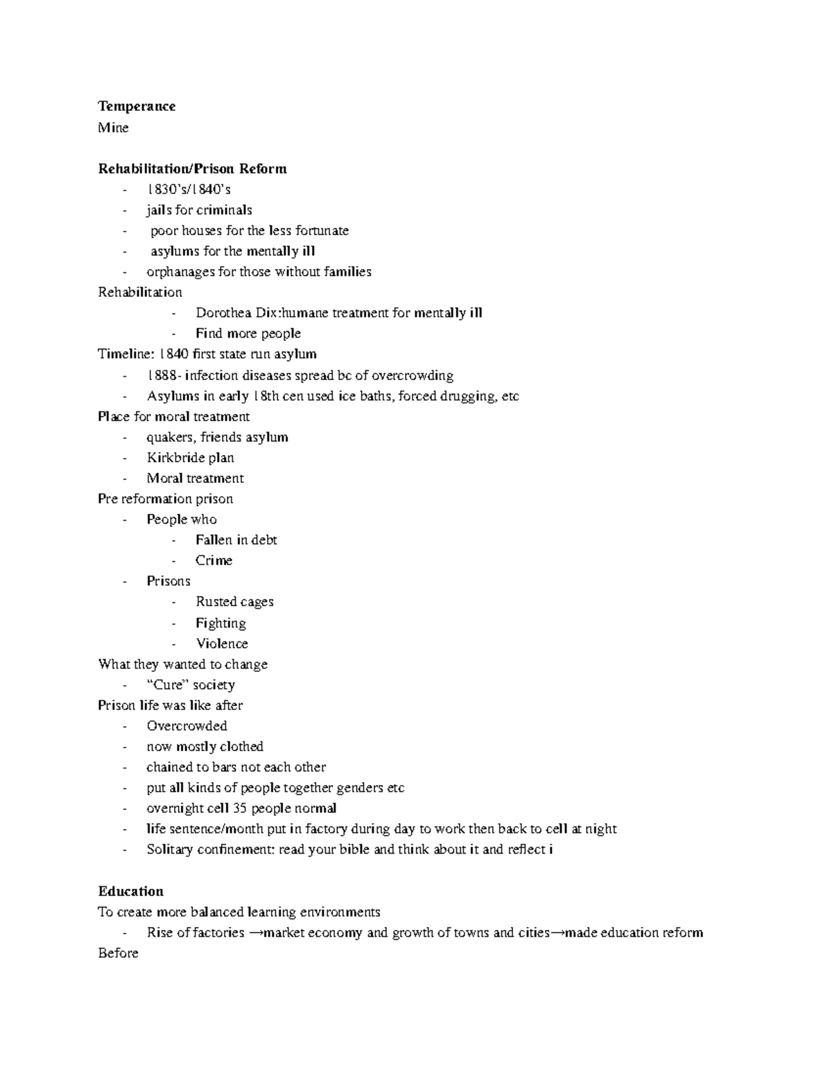 Chapter 12 apush Temperance Mine Rehabilitation/Prison Reform 1830
