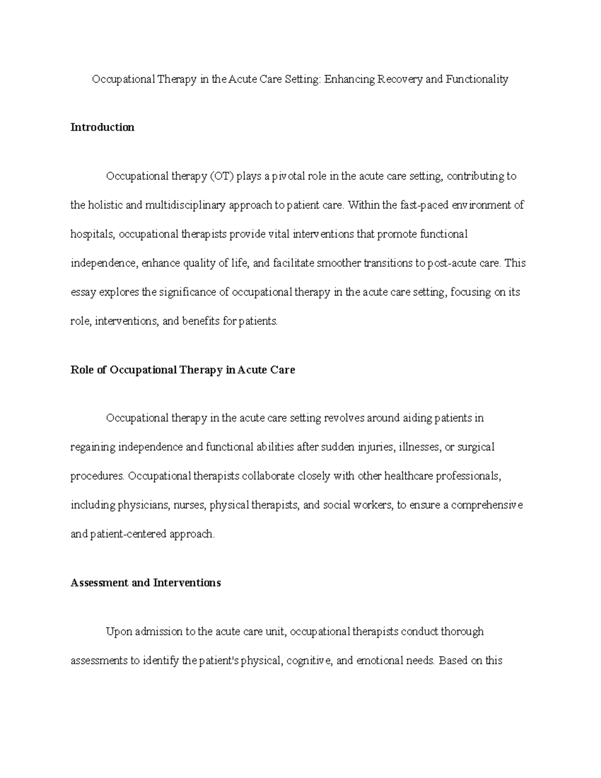 Acute Care OT - Dr. C - Occupational Therapy in the Acute Care Setting ...