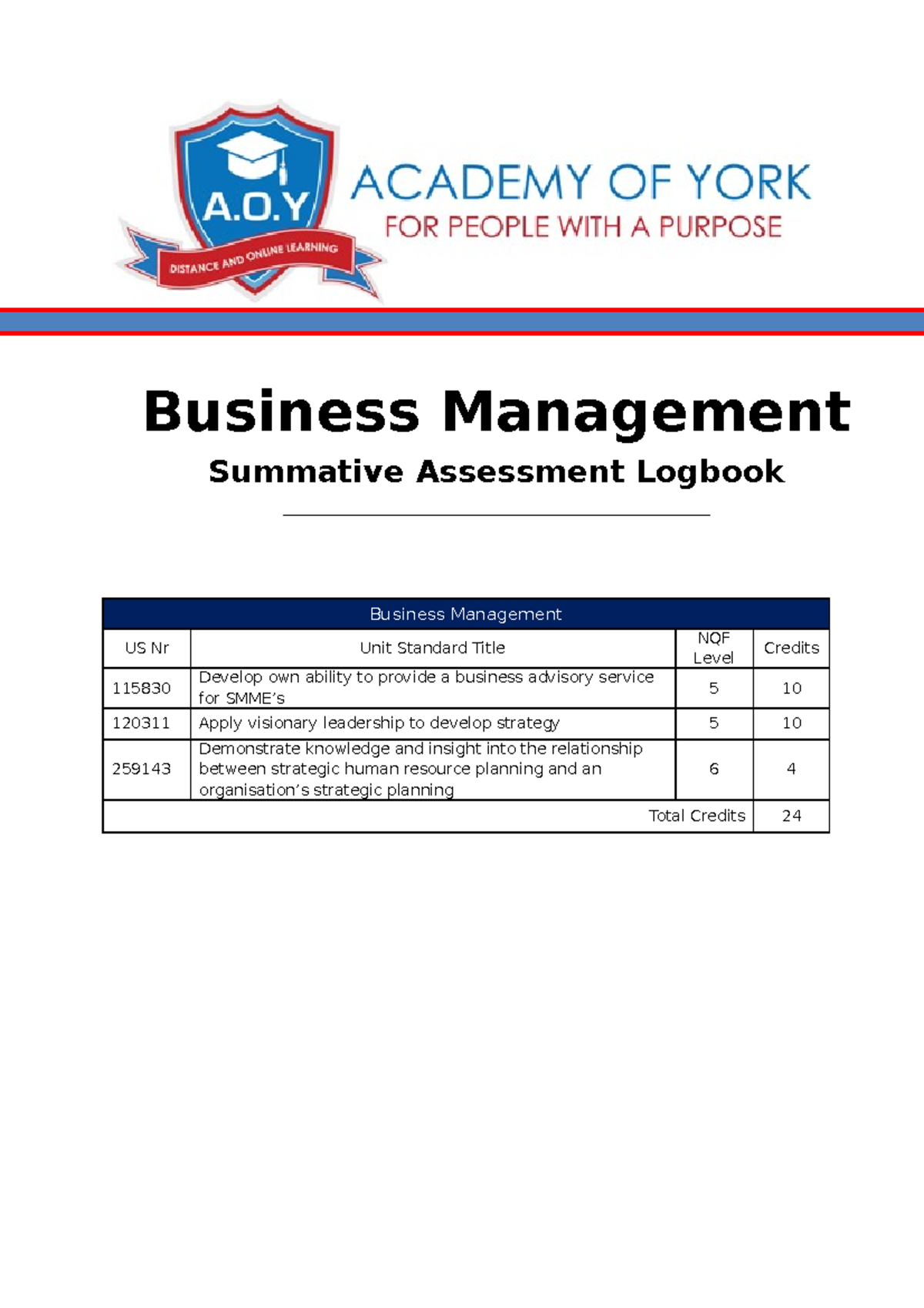 Business Management Assessment Logbook Business Management Summative