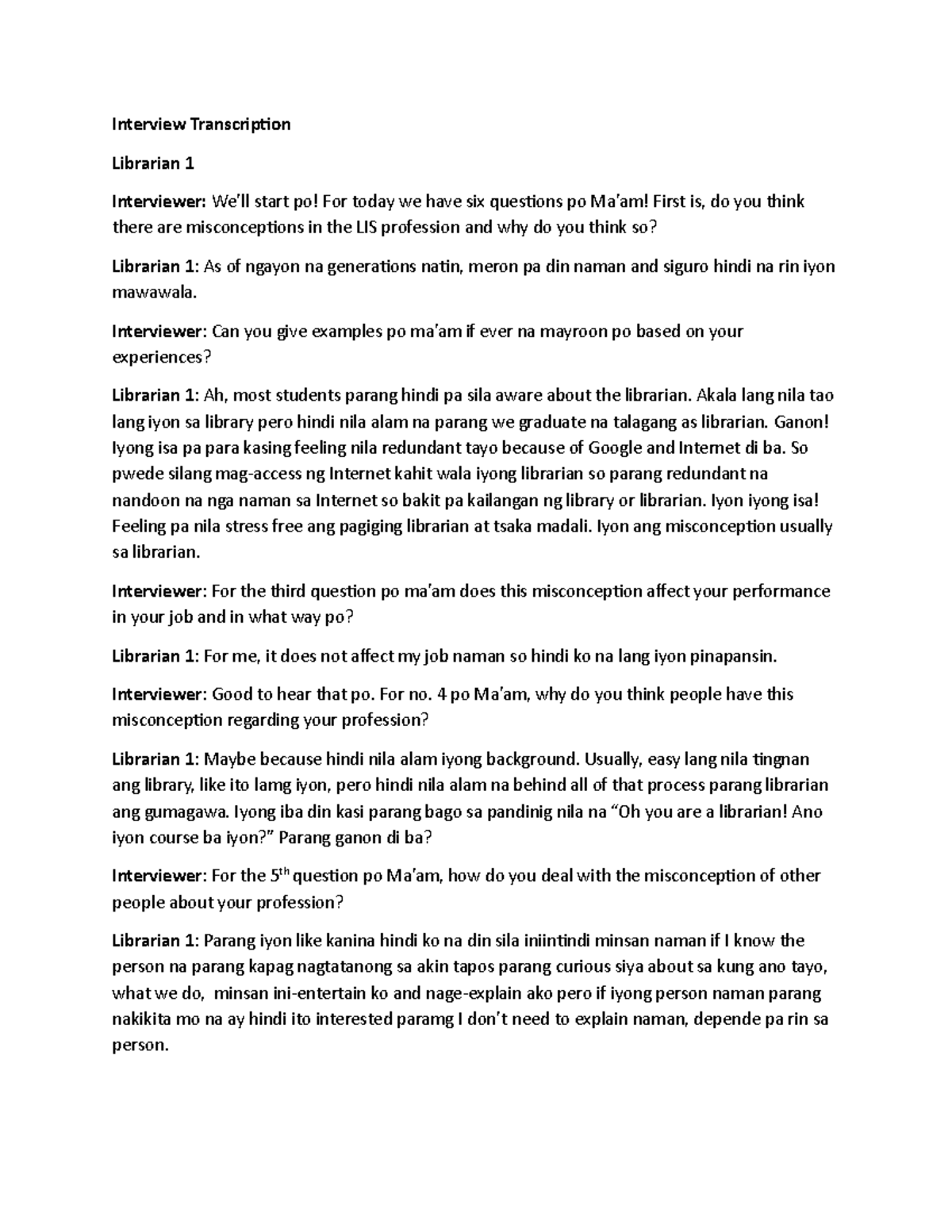 Interview Transcription - Interview Transcription Librarian 1 ...