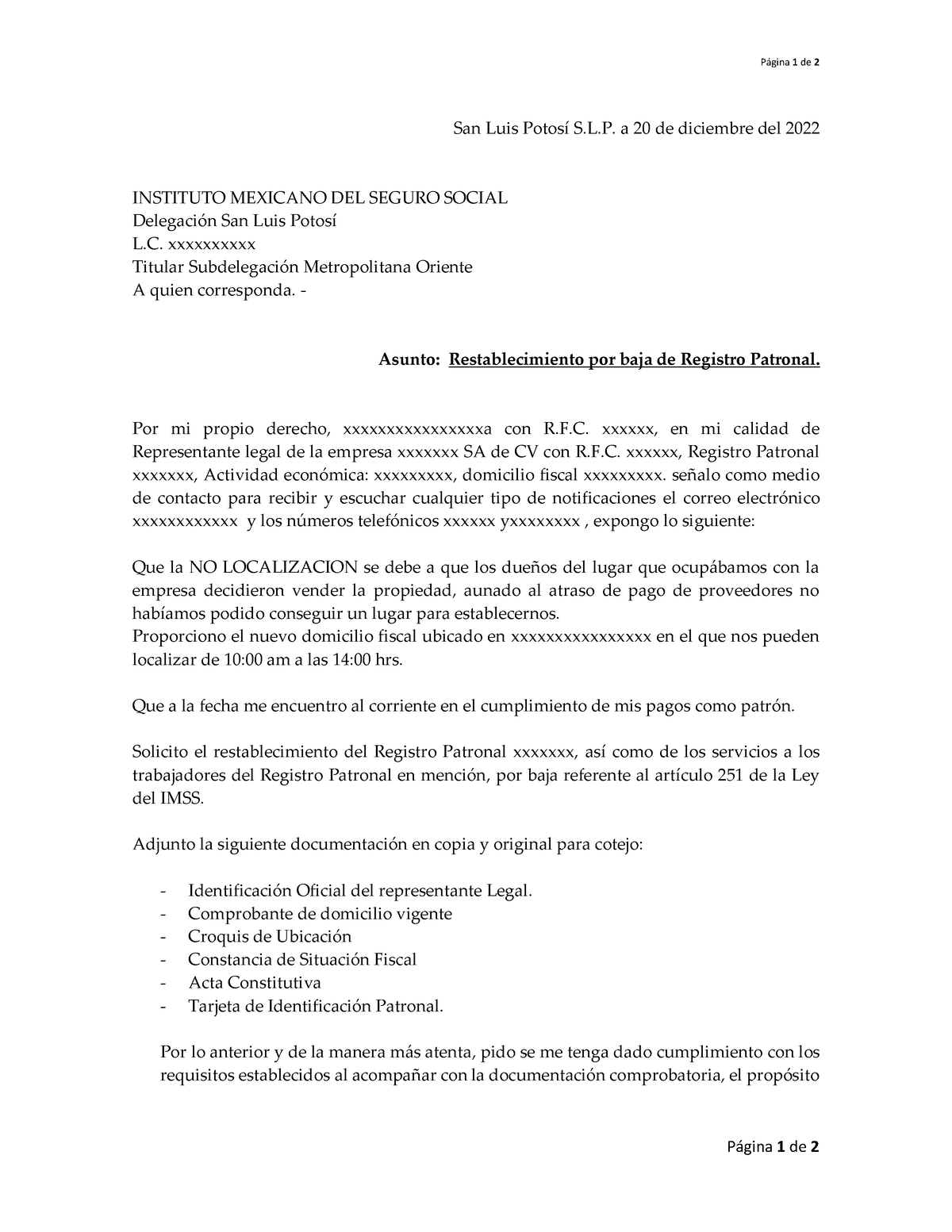 Escrito Restablecimiento RP - Página 1 de 2 Página 1 de 2 San Luis ...