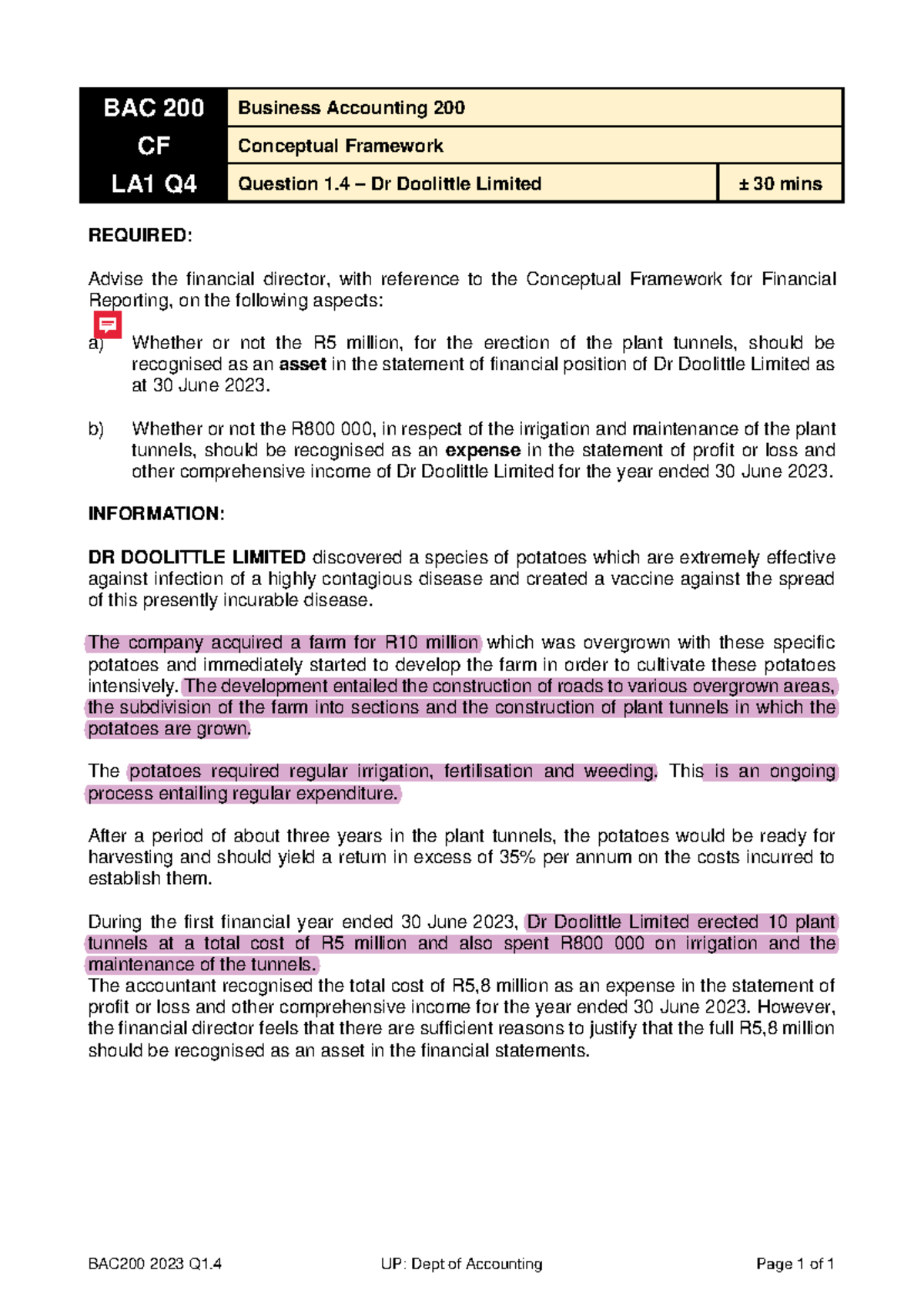 LA1 Question 1.4 (Dr Doolittle Limited) BAC200 2023 Q 1. 4 UP Dept