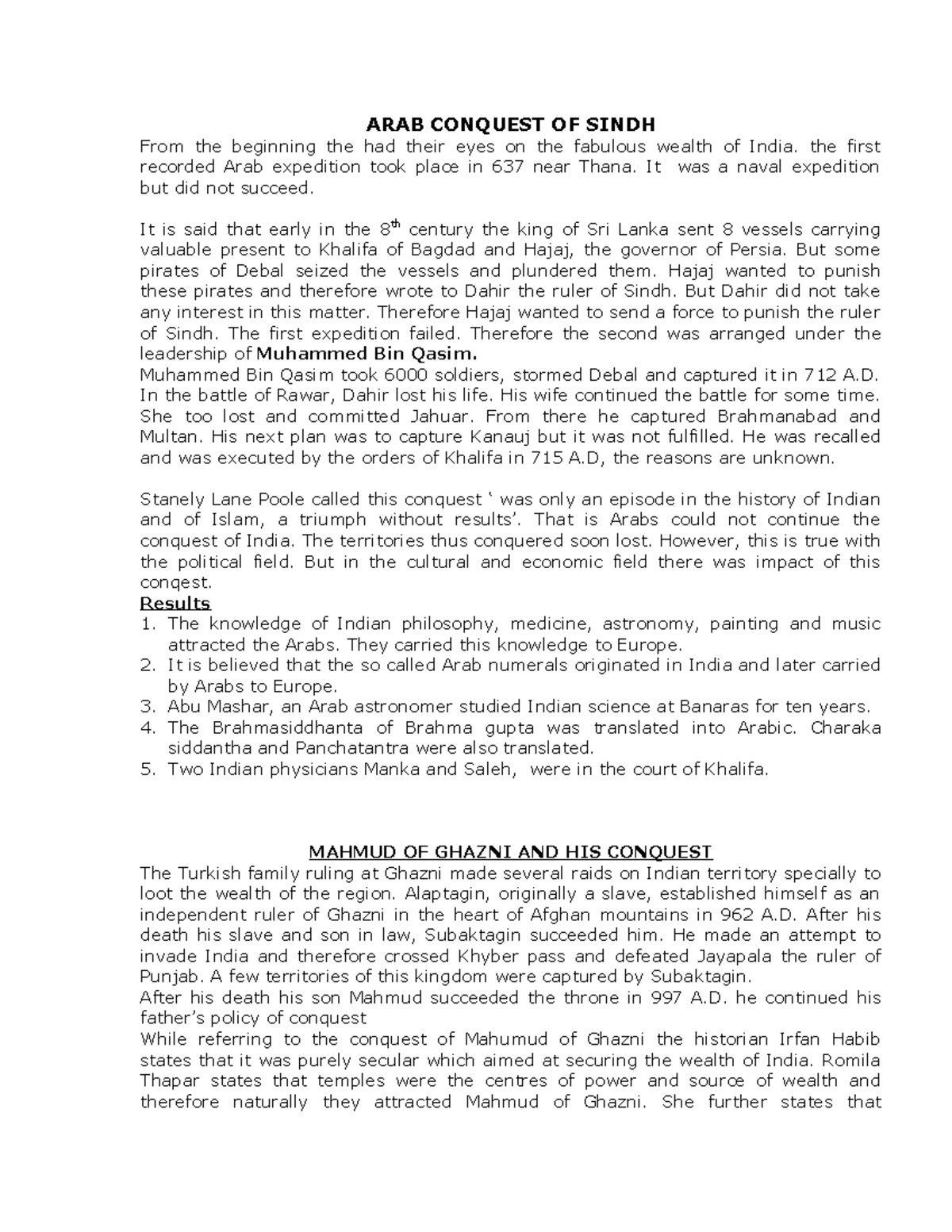 ARAB Conquest OF Sindh notes for second semester BA History degree