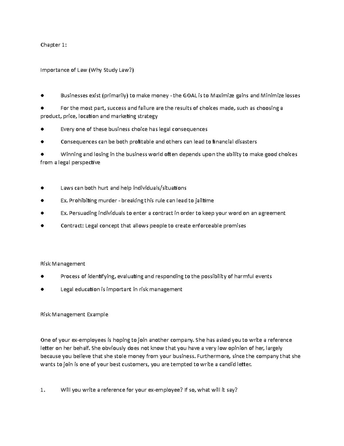 Chapter 1 notes from classs - Chapter 1: Importance of Law (Why Study ...