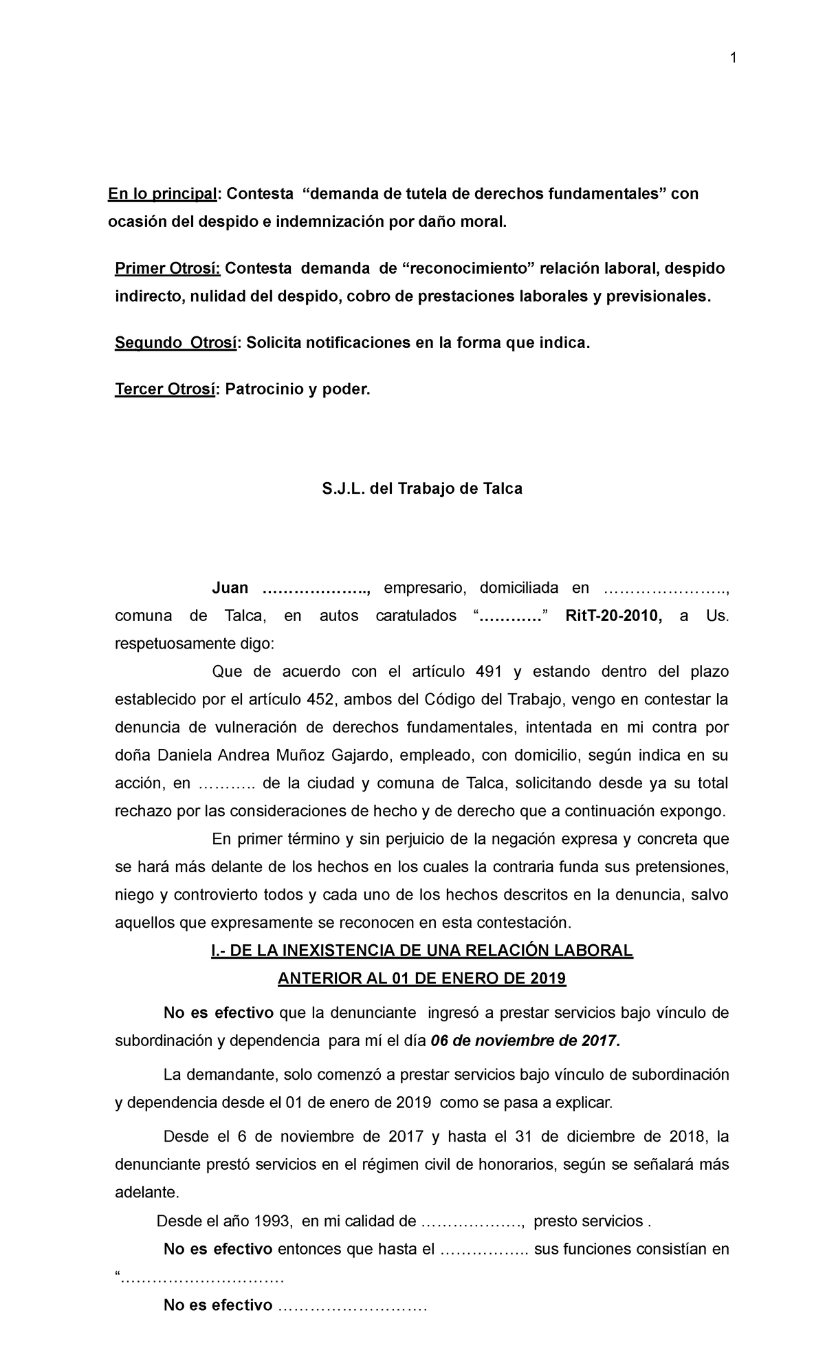 Contesta demanda tutela formato y vulneración de DD.FF - En lo ...