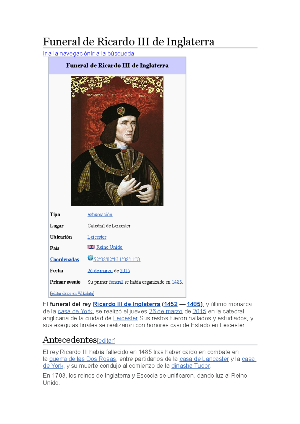 Funeral de Ricardo III de Inglaterra [editar datos en Wikidata] El