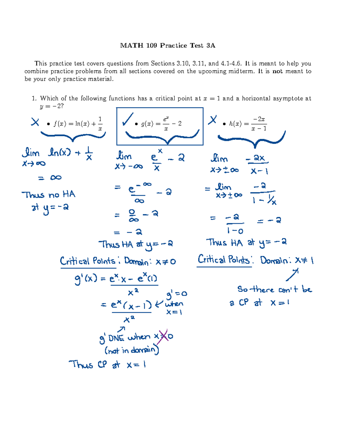 Math 109 Practice Midterm III Solutions MATH 109 Practice Test 3A