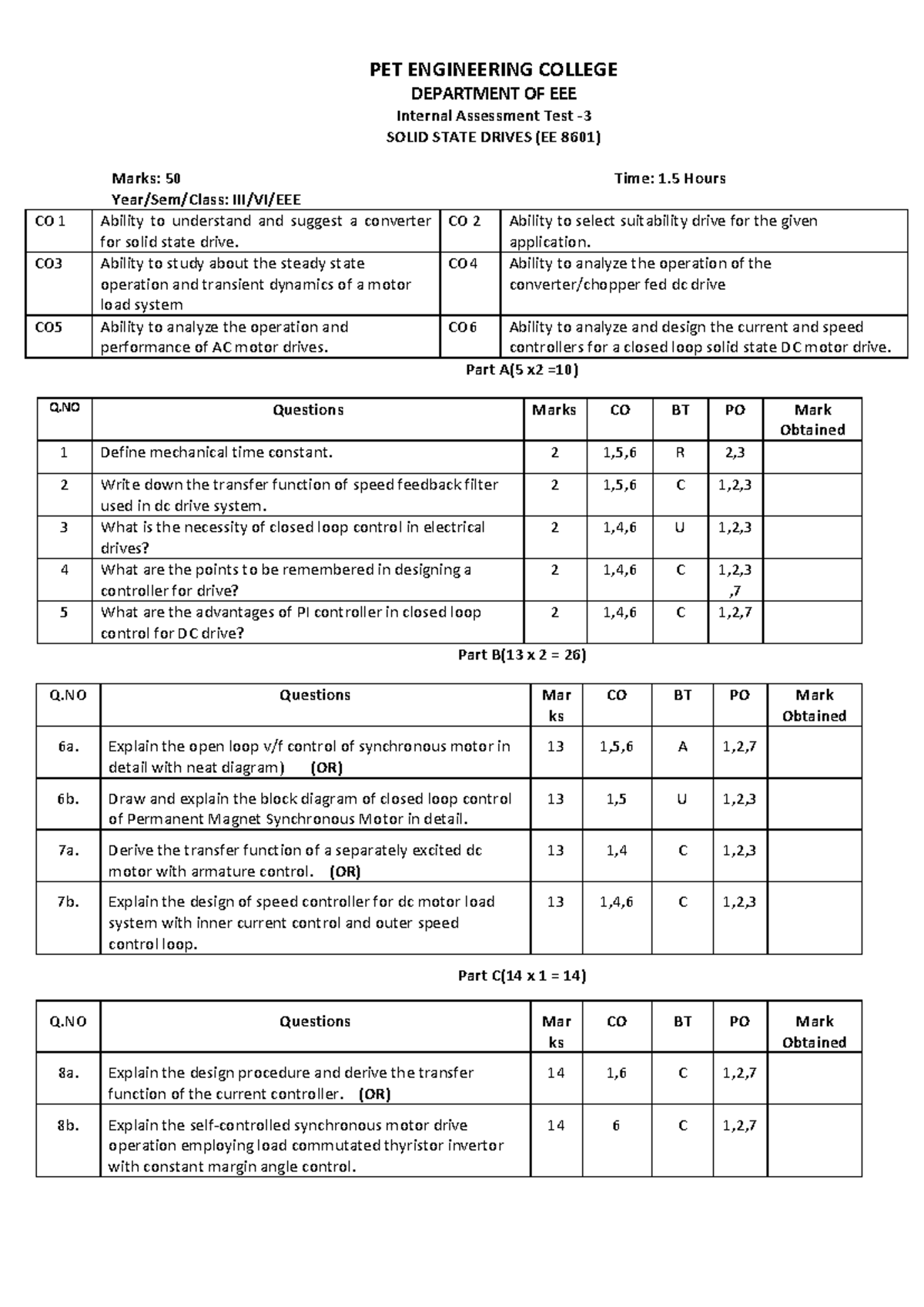 EE8601 SSD ST3 with PO,CO PET ENGINEERING COLLEGE DEPARTMENT OF EEE Internal Assessment Test