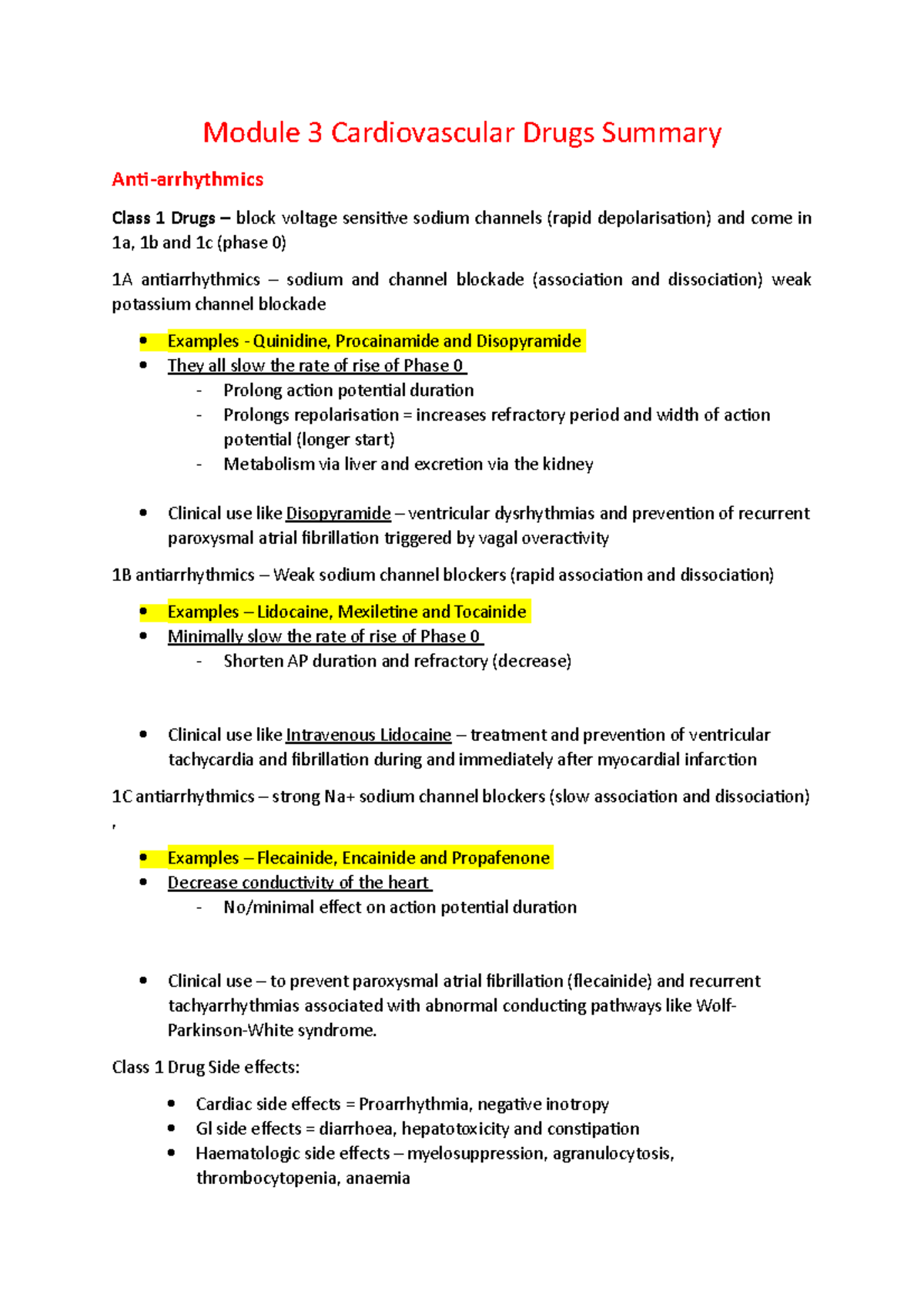 Module 3 Cardiovascular Drugs Summary - Module 3 Cardiovascular Drugs ...