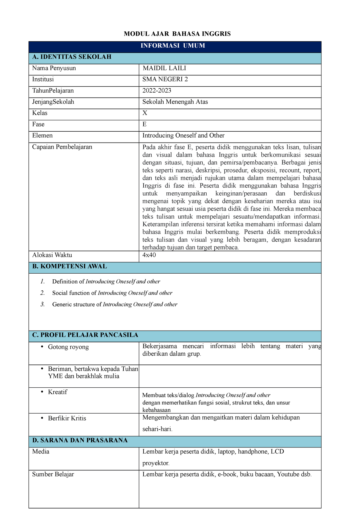 Rpp Kurikulum Merdeka Sma Modul Ajar Bahasa Inggris Informasi Umum A