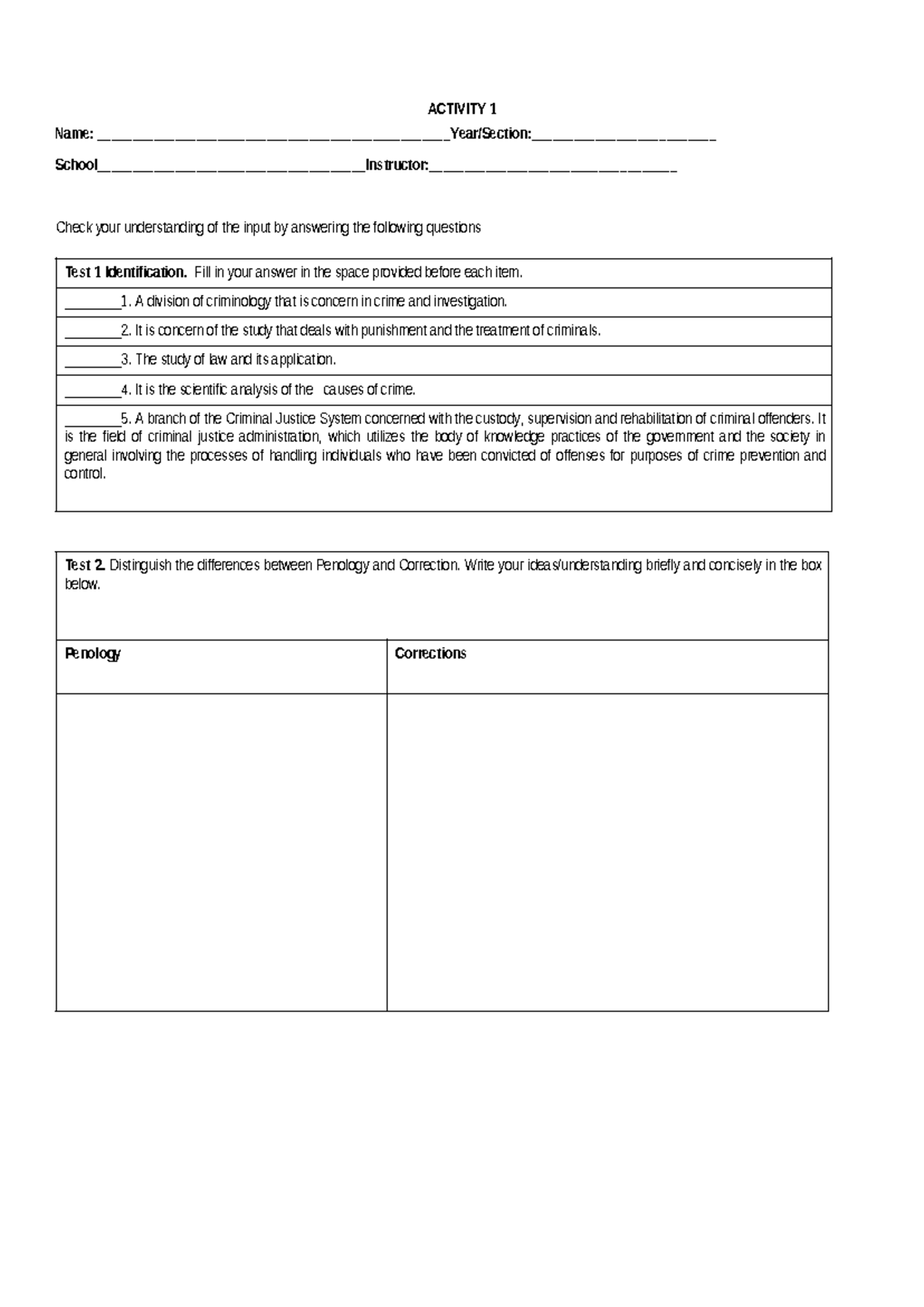 CA1 - NONE - ACTIVITY 1 Name: Year/Section: - Studocu