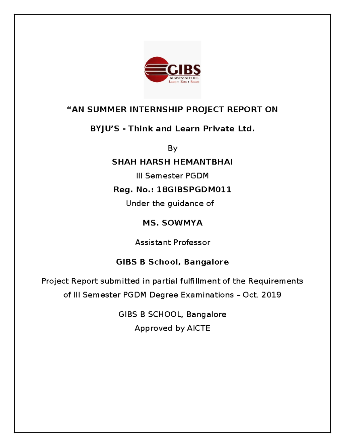 GIBS Summer Final Report - “AN SUMMER INTERNSHIP PROJECT REPORT ON BYJU ...