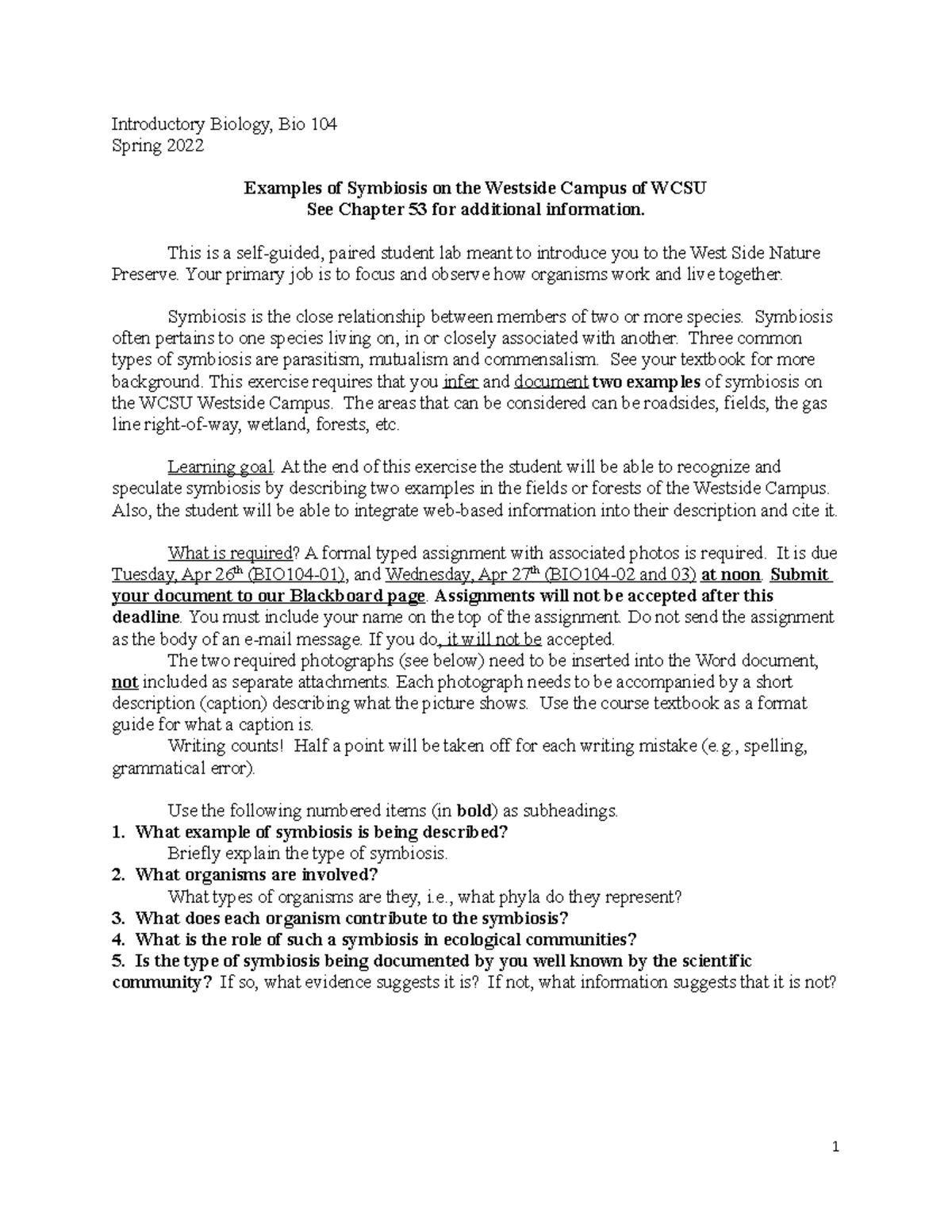 Bio lab reprot assignments - Introductory Biology, Bio 104 Spring 2022 ...