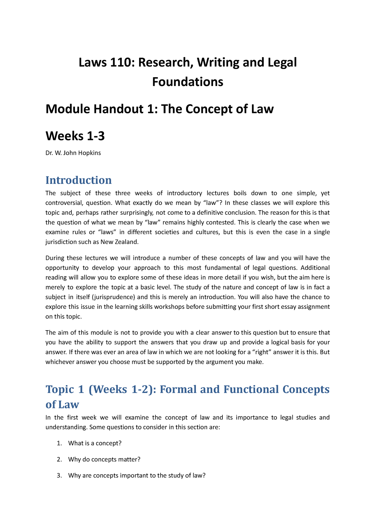 Module 1- Class Handout 2024 - Laws 110: Research, Writing and Legal ...