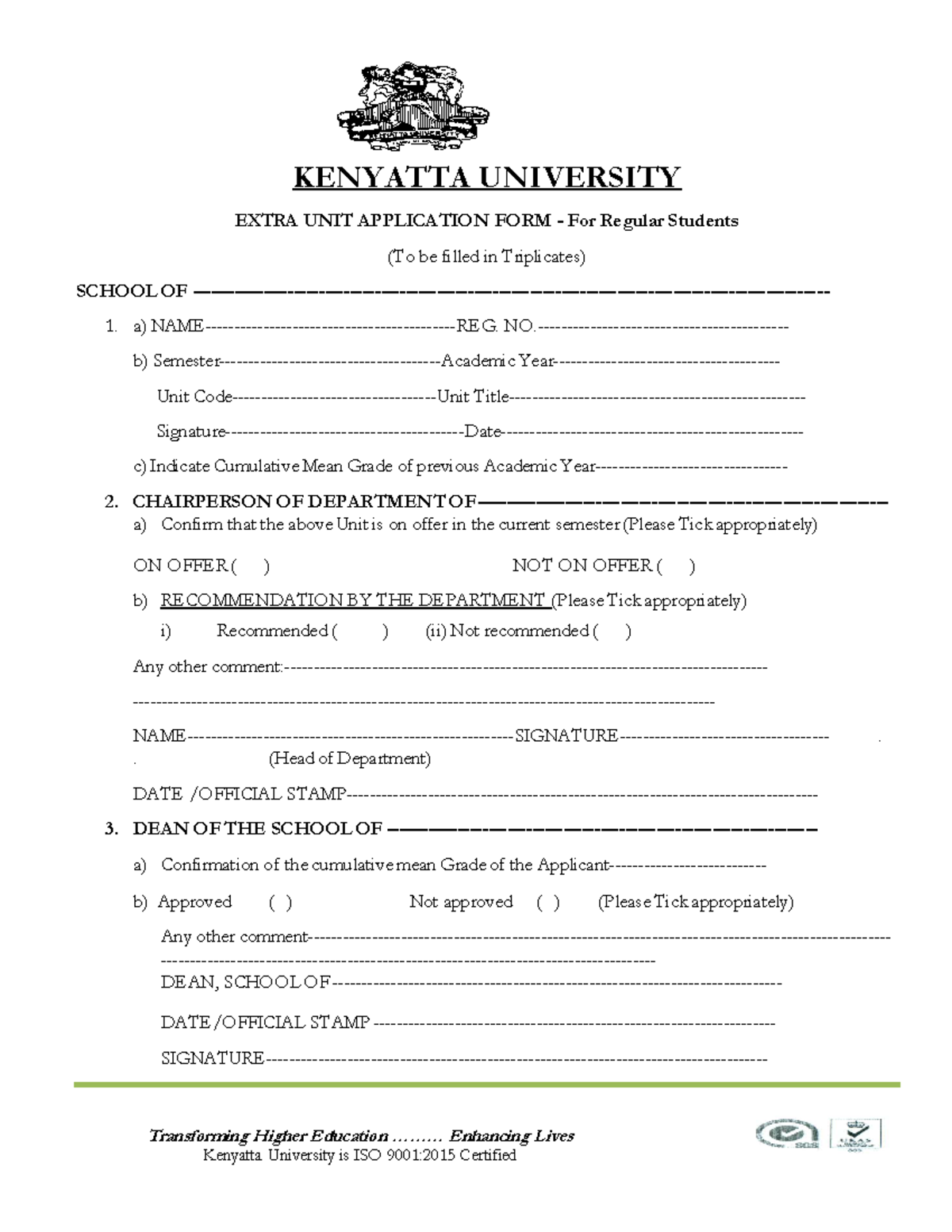 Extra UNIT Request FORM - KENYATTA UNIVERSITY EXTRA UNIT APPLICATION ...