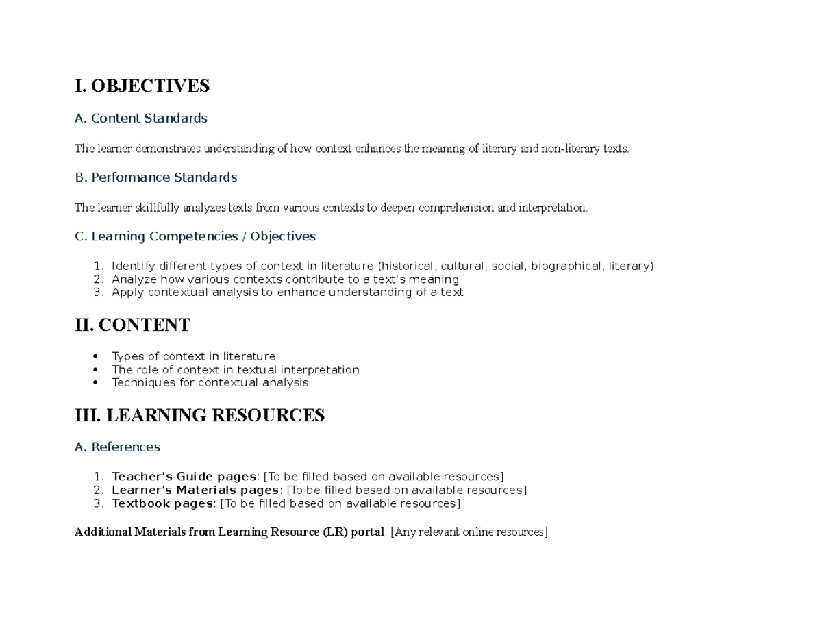 Context lp - NONE - I. OBJECTIVES A. Content Standards The learner ...