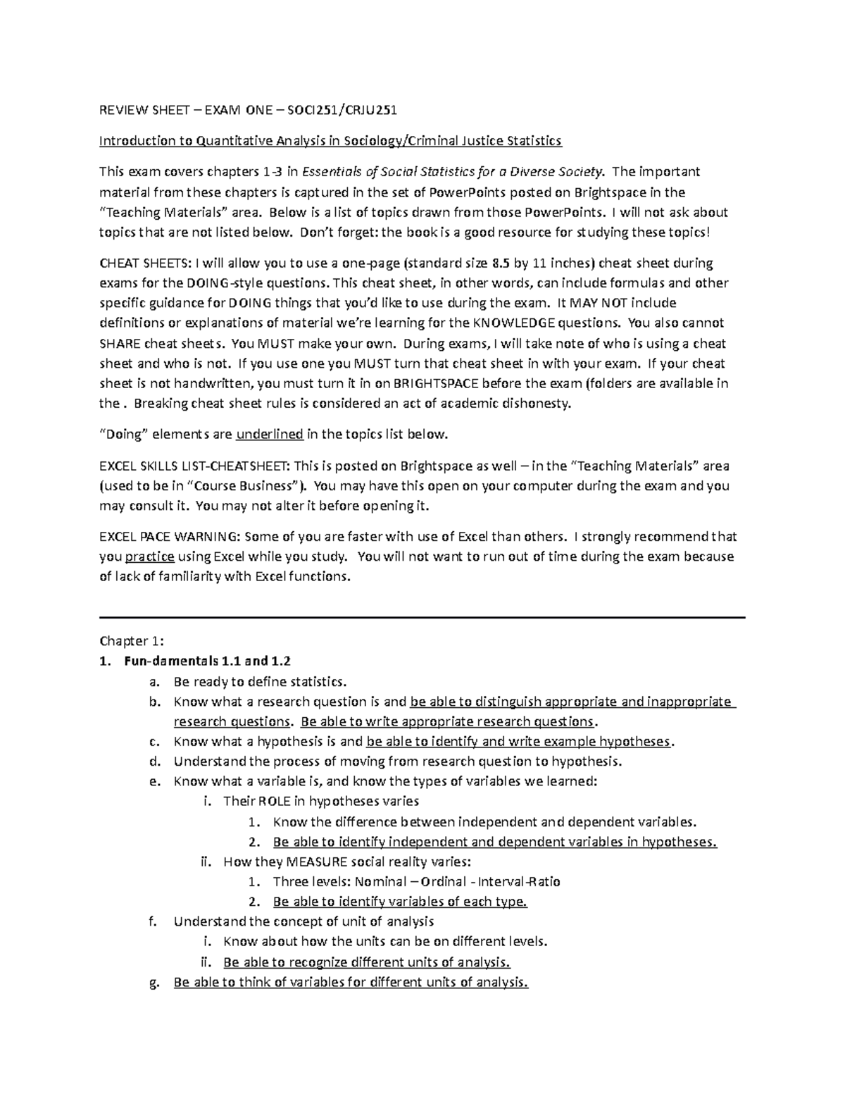 Review Sheet - Exam 1 - F23 - REVIEW SHEET – EXAM ONE – SOCI251/CRJU ...