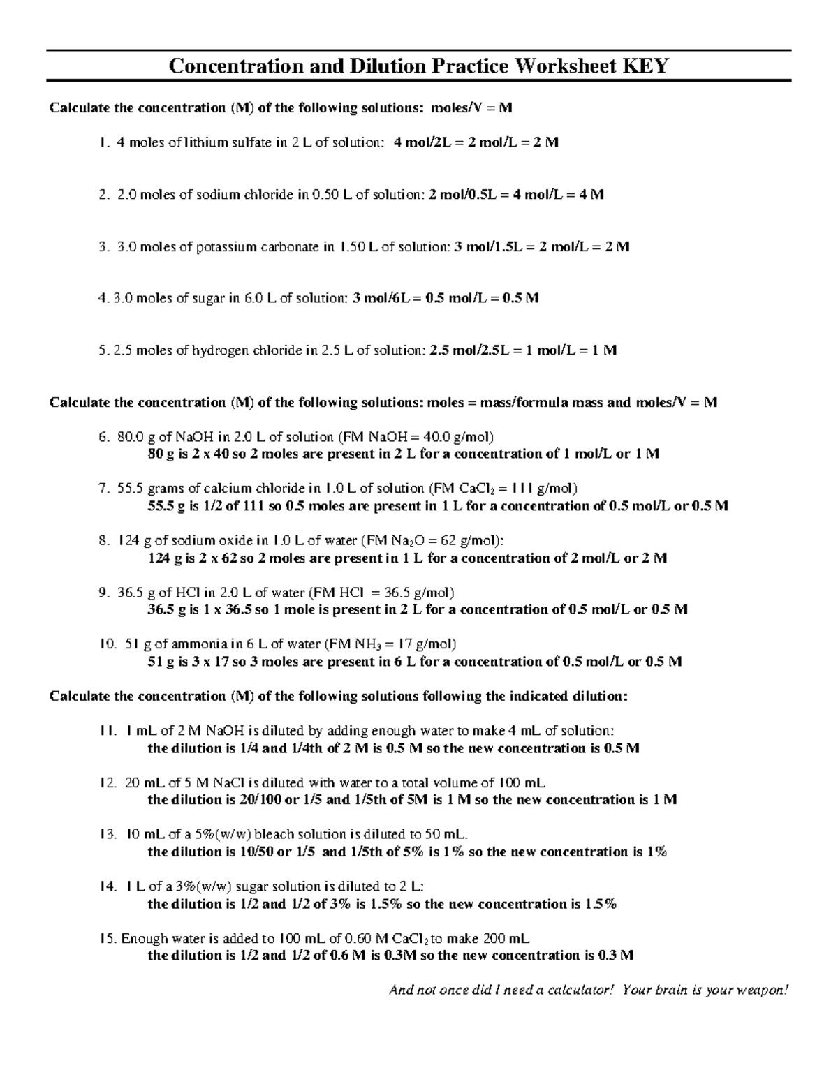 M14 Concentration WKS KEY Concentration and Dilution Practice