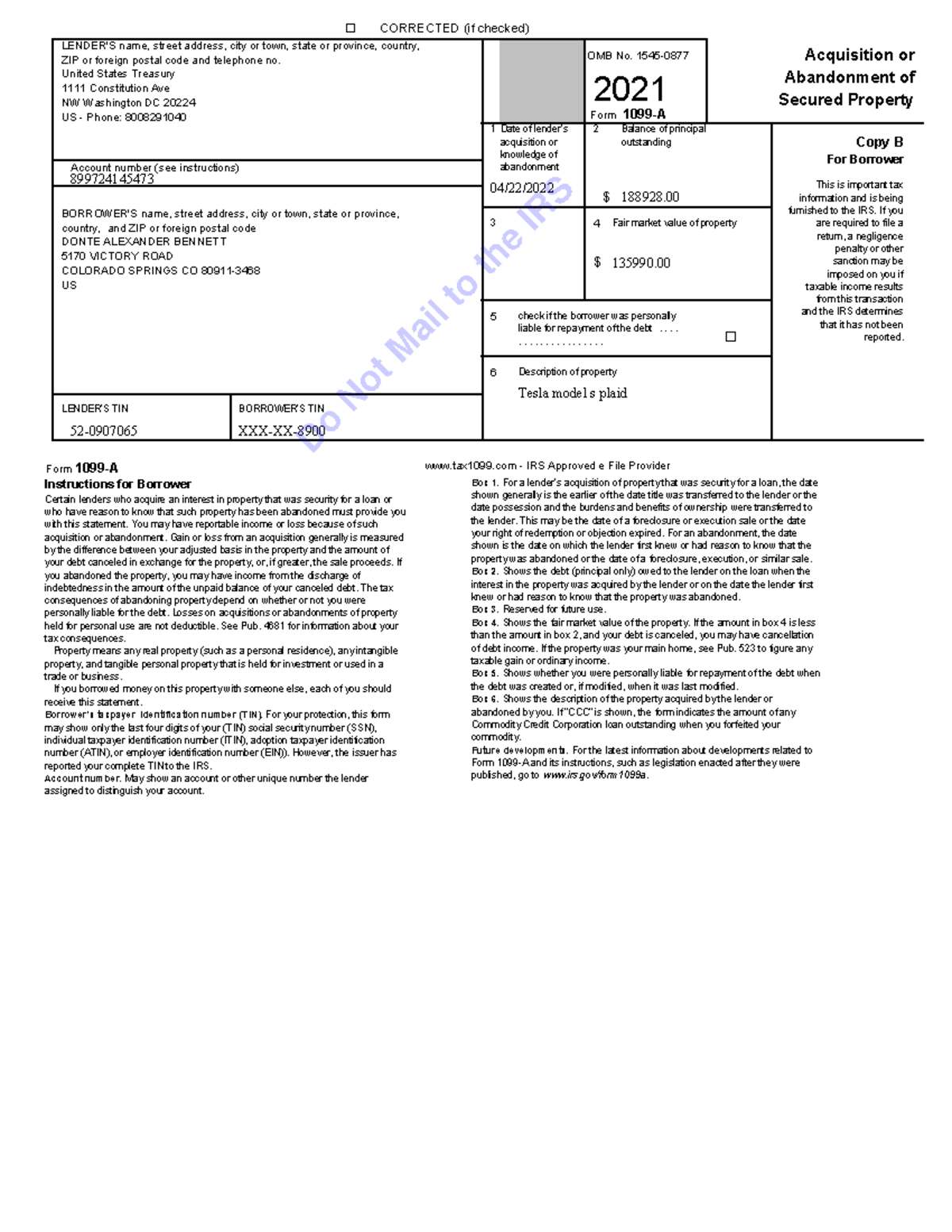 United States Treasury 724 Payee's - OMB No. 1545- LENDER'S Name ...