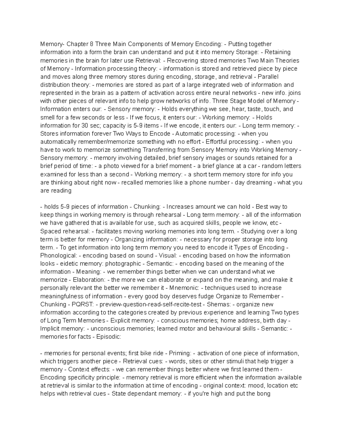 Ps102 final notes ch 8 - Memory- Chapter 8 Three Main Components of ...