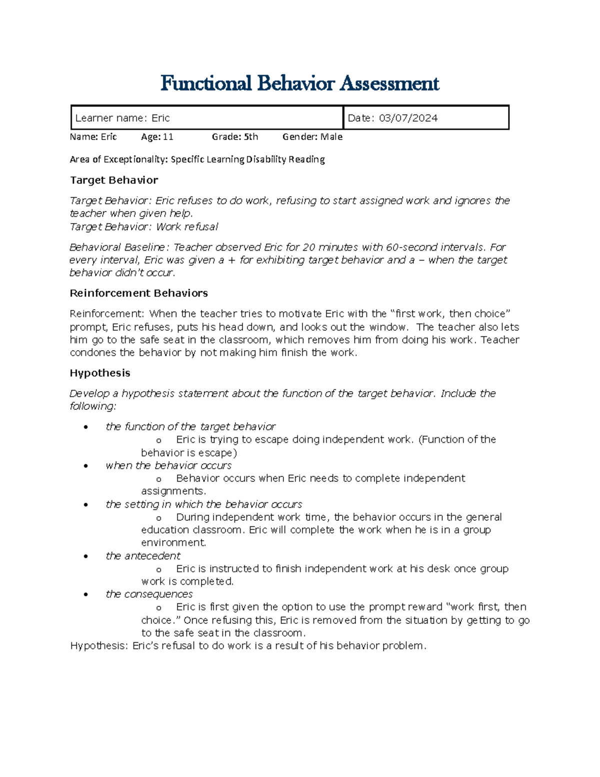 Behvaior Strategies- task 1 (1) - Functional Behavior Assessment ...