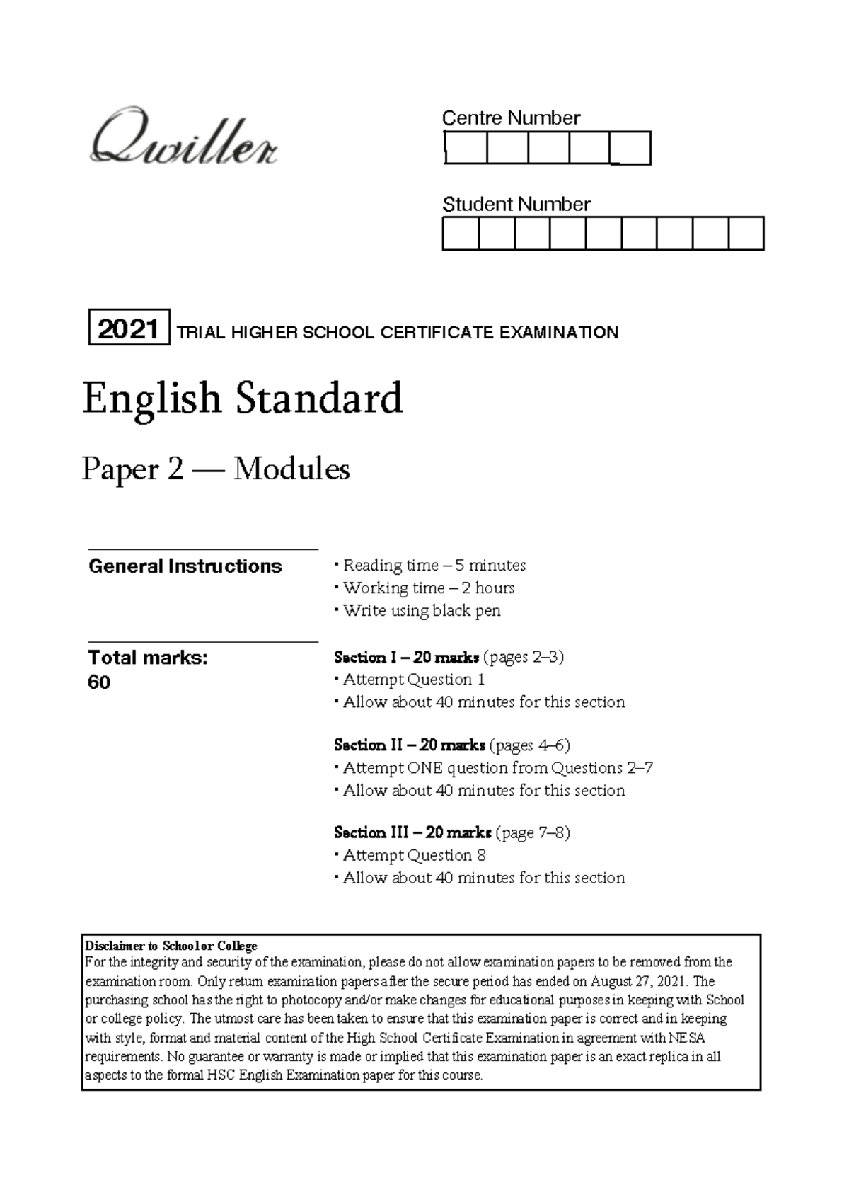Qwiller HSC Standard Paper 2 Trial 2021 Centre Number Student