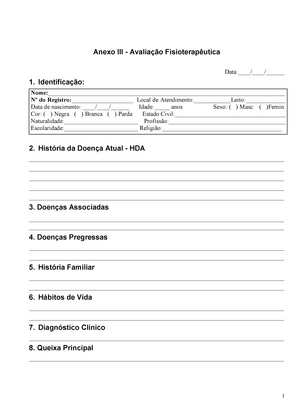 Ficha de avaliação Respiratoria - FICHA DE AVALIAÇÃO RESPIRATÓRIA 1. DADOS  PESSOAIS Nome: - Studocu