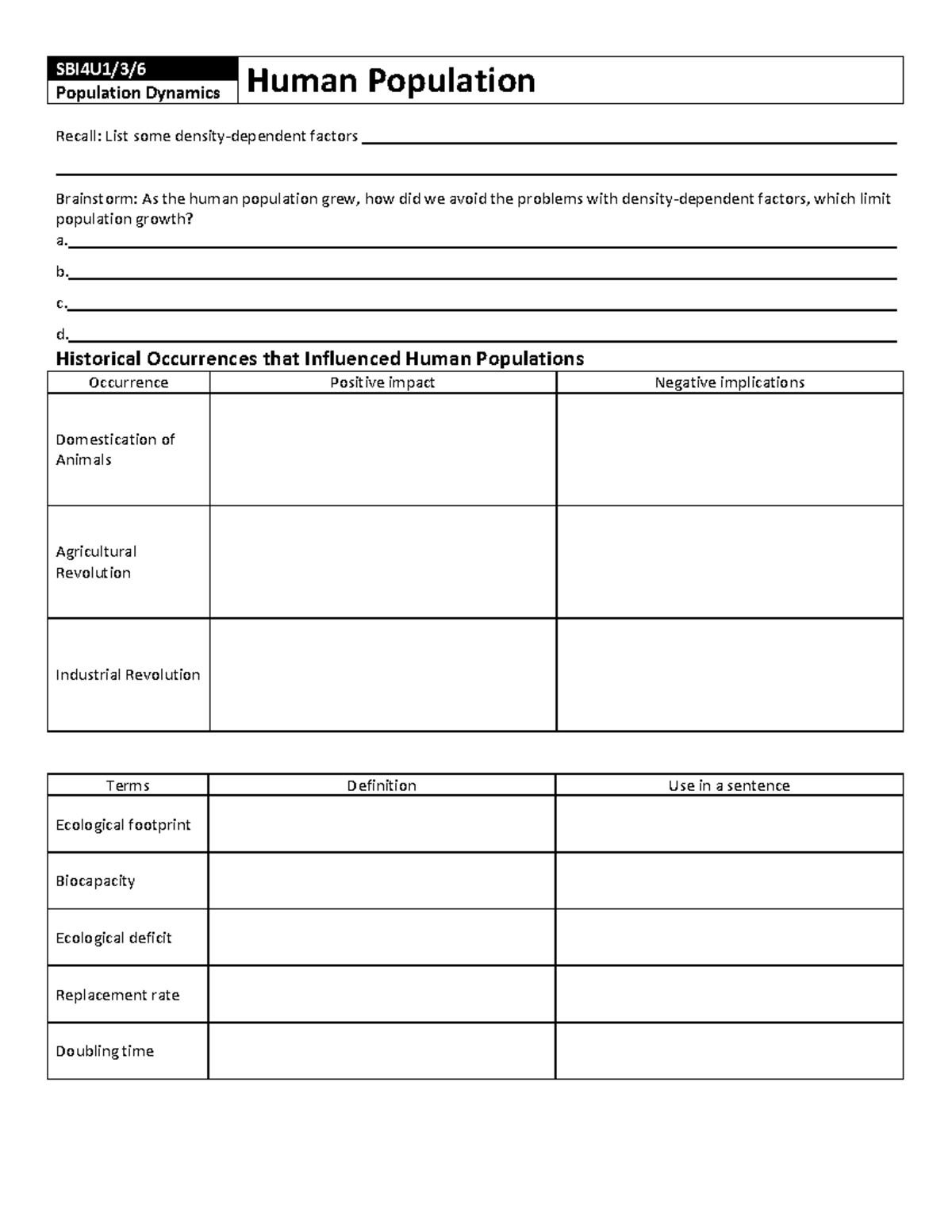 Human Population WS v1 - Notes - SBI4U1/3/ Population Dynamics Human ...