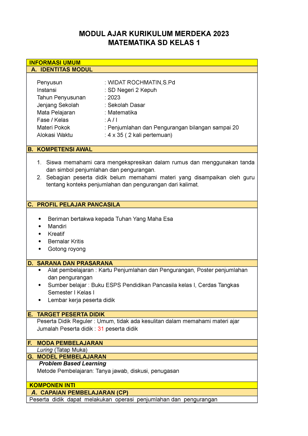 Modul AJAR Kelas 1 - MODUL AJAR KURIKULUM MERDEKA 2023 MATEMATIKA SD ...