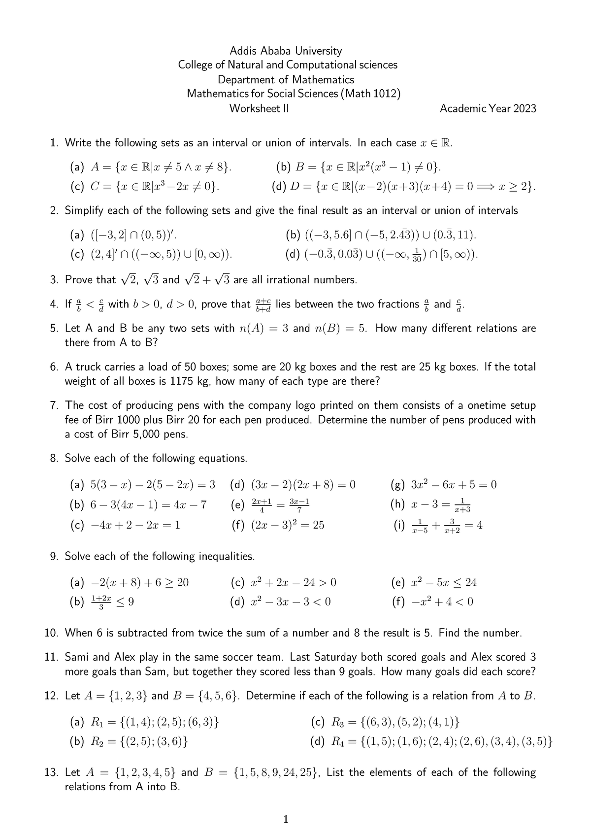 Math1012 Woeksheet II - maths worksheet - Addis Ababa University ...