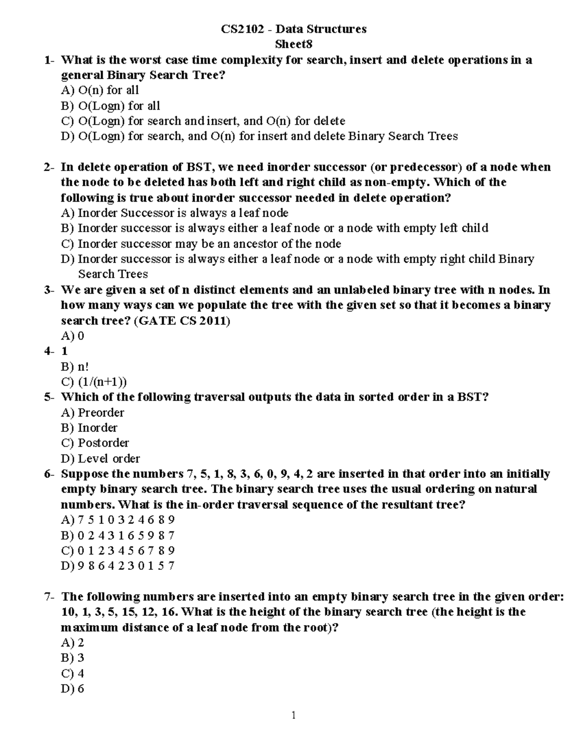 Sheet 8 1 CS2102 Data Structures Sheet 1 What is the worst case time complexity for search