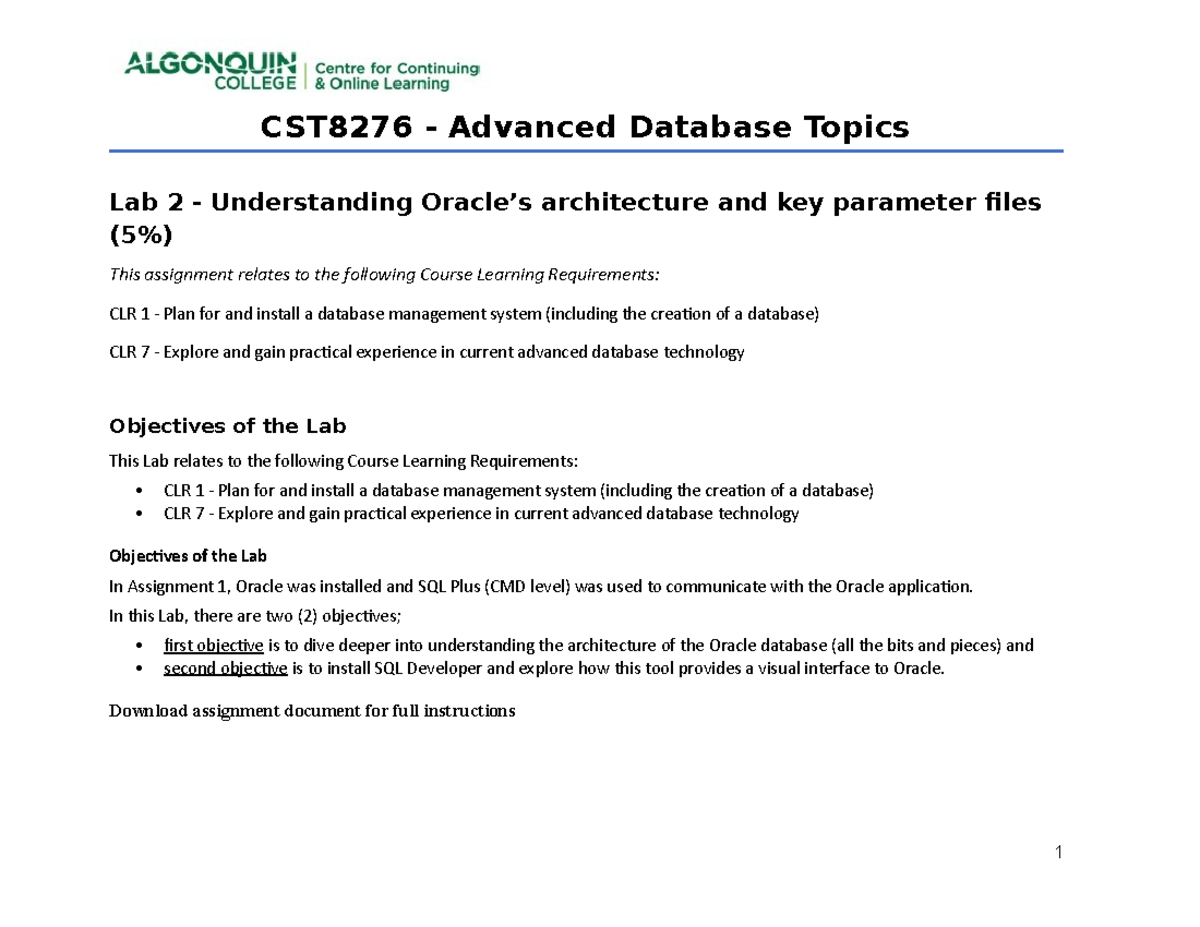 CST8276 - Lab 2 - Deeper Dive Into Oracle's Architecture And Using SQL ...