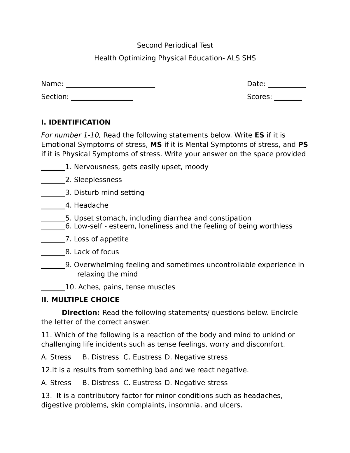 2nd Periodical Pe And Health - Second Periodical Test Health Optimizing 