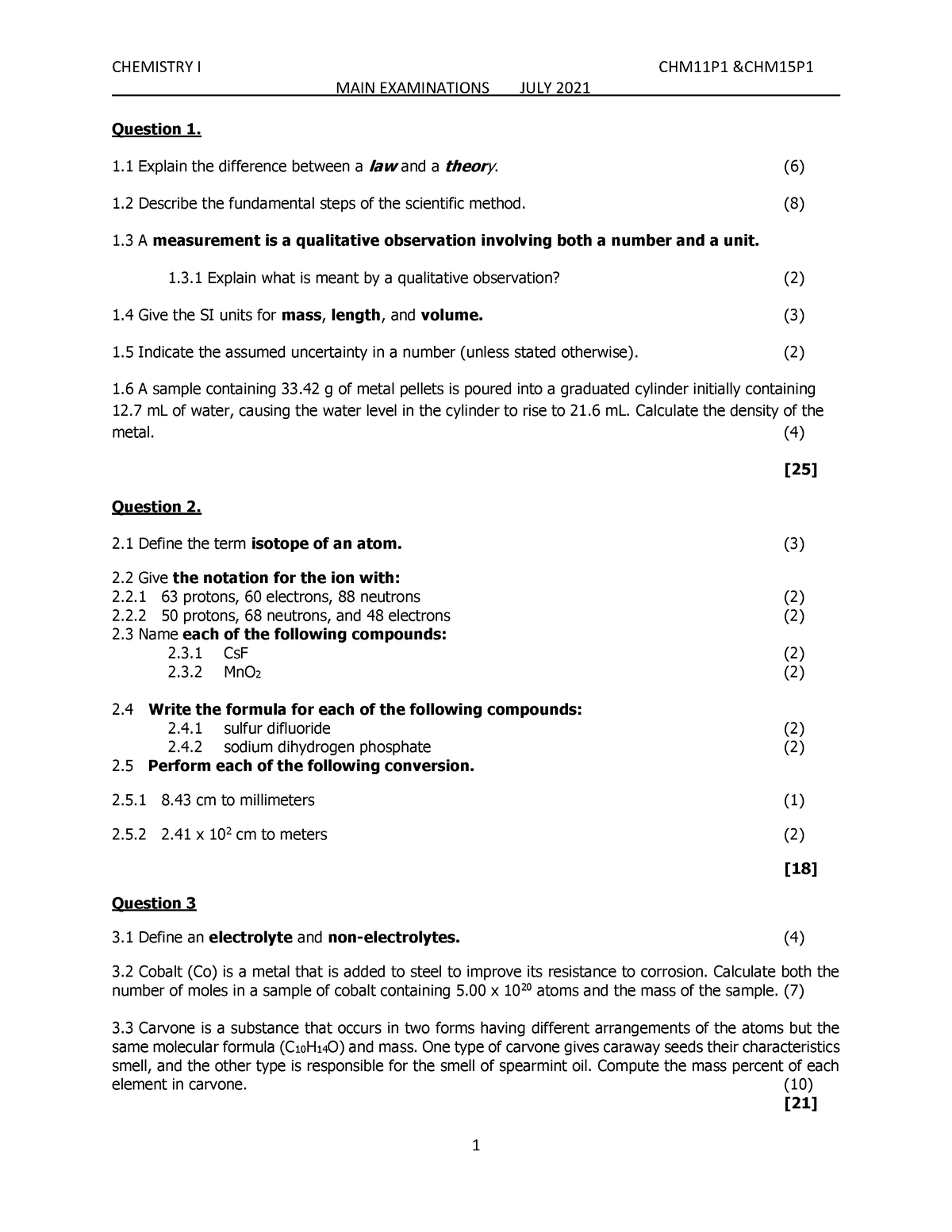 chemistry 1 main exam JULY 2021 - CHEMISTRY I CHM11P1 &CHM15P MAIN ...