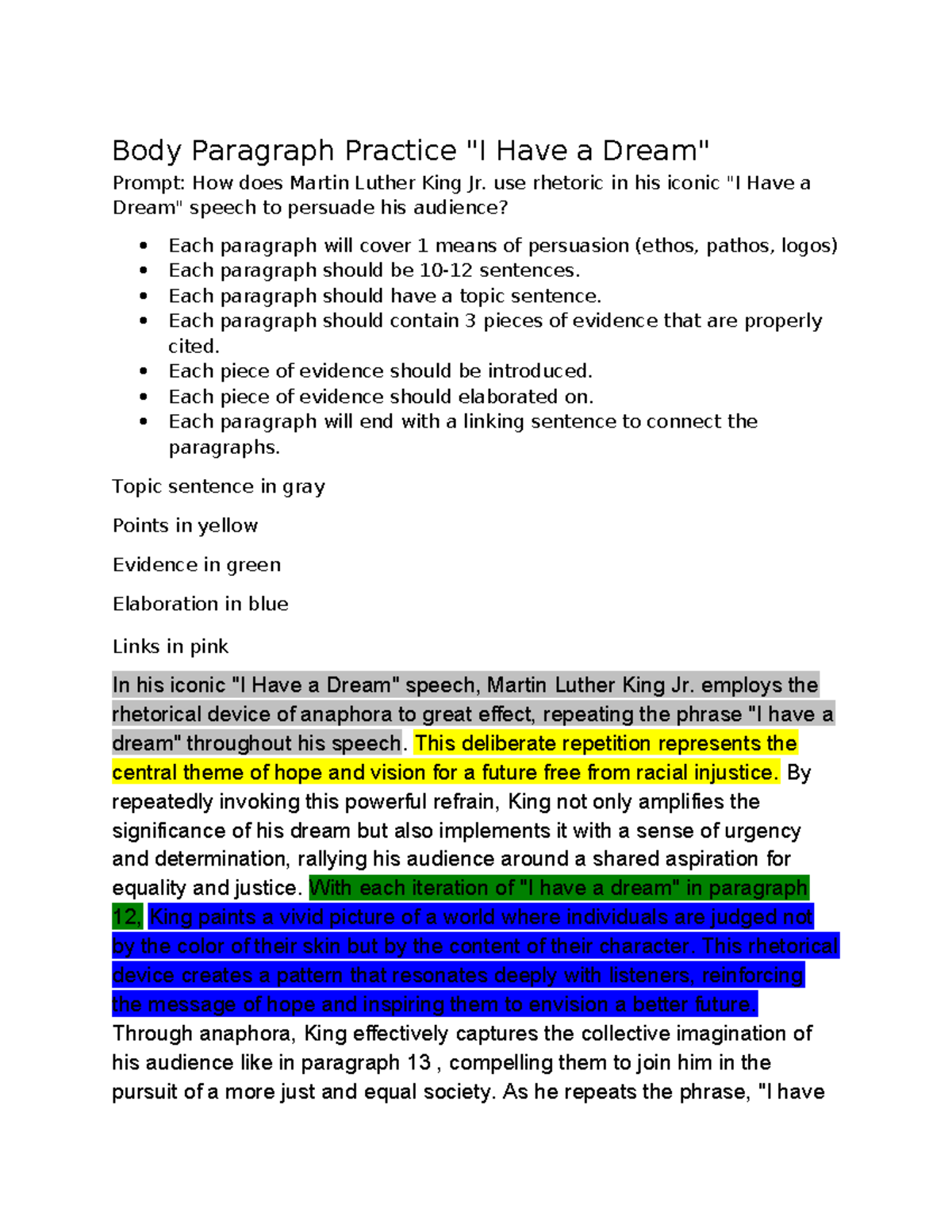 Body Paragraph Practice I Have a Dream - Copy - Body Paragraph Practice ...