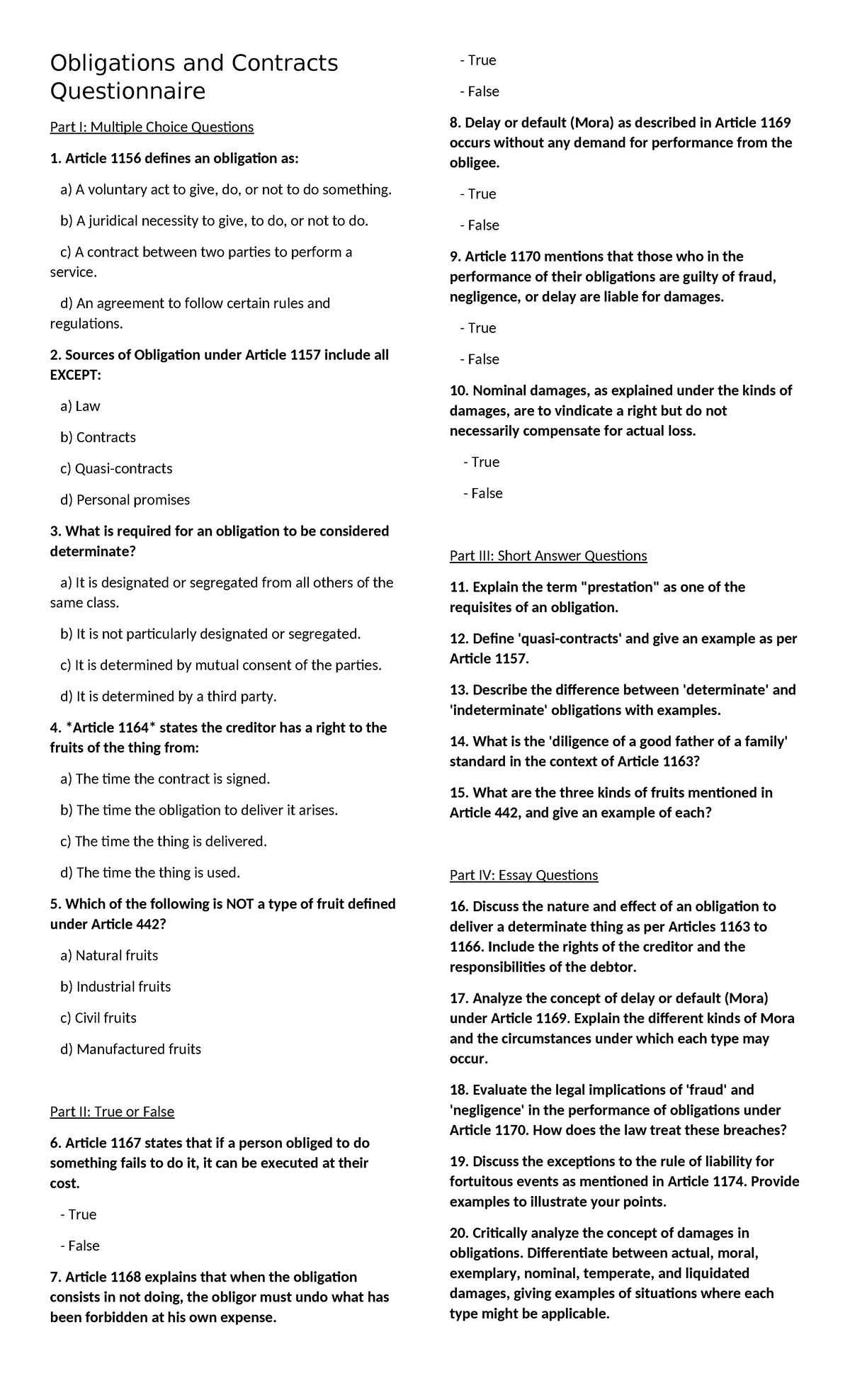 Obligations and Contracts Questionnaire - Obligations and Contracts ...