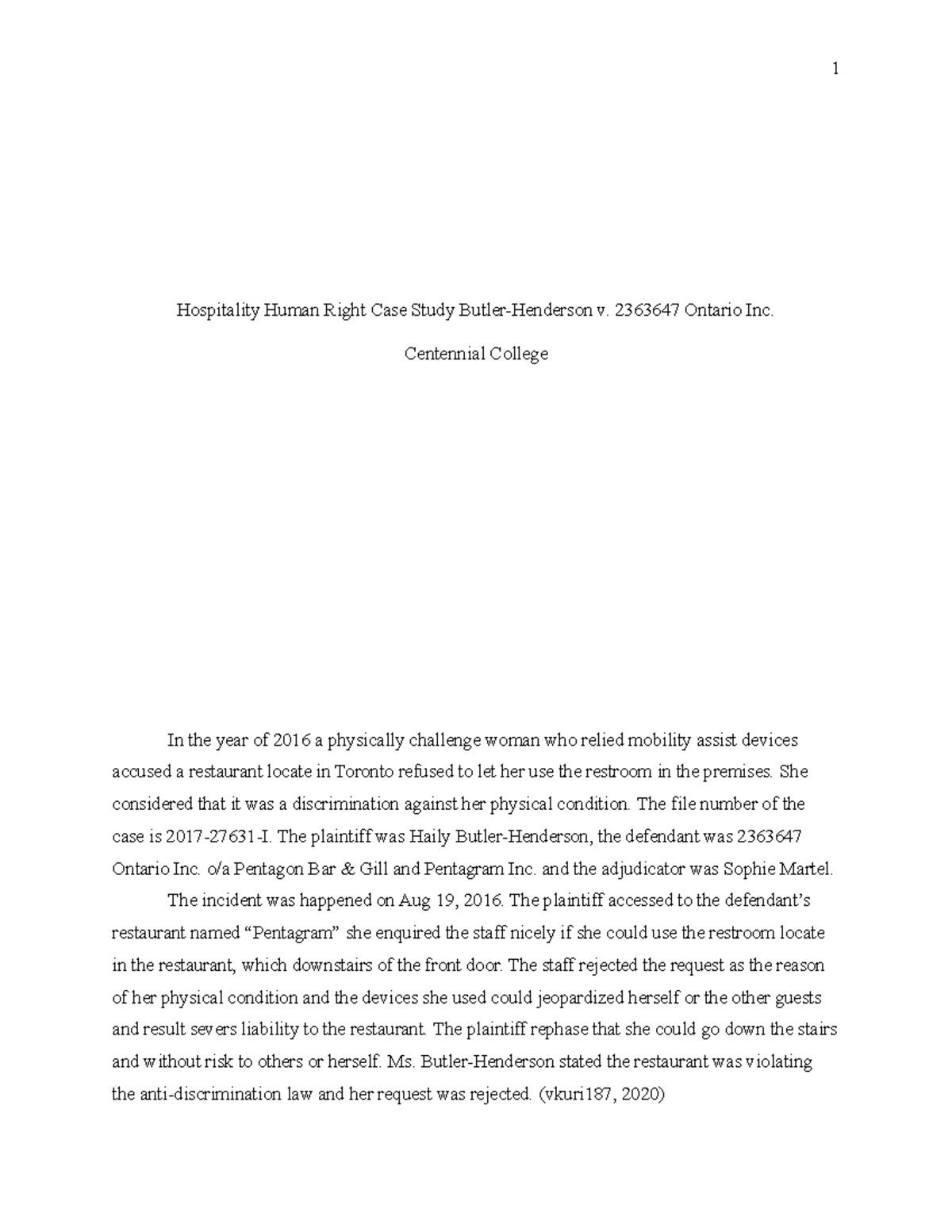 751 Human Right Case Study - 1 Hospitality Human Right Case Study 