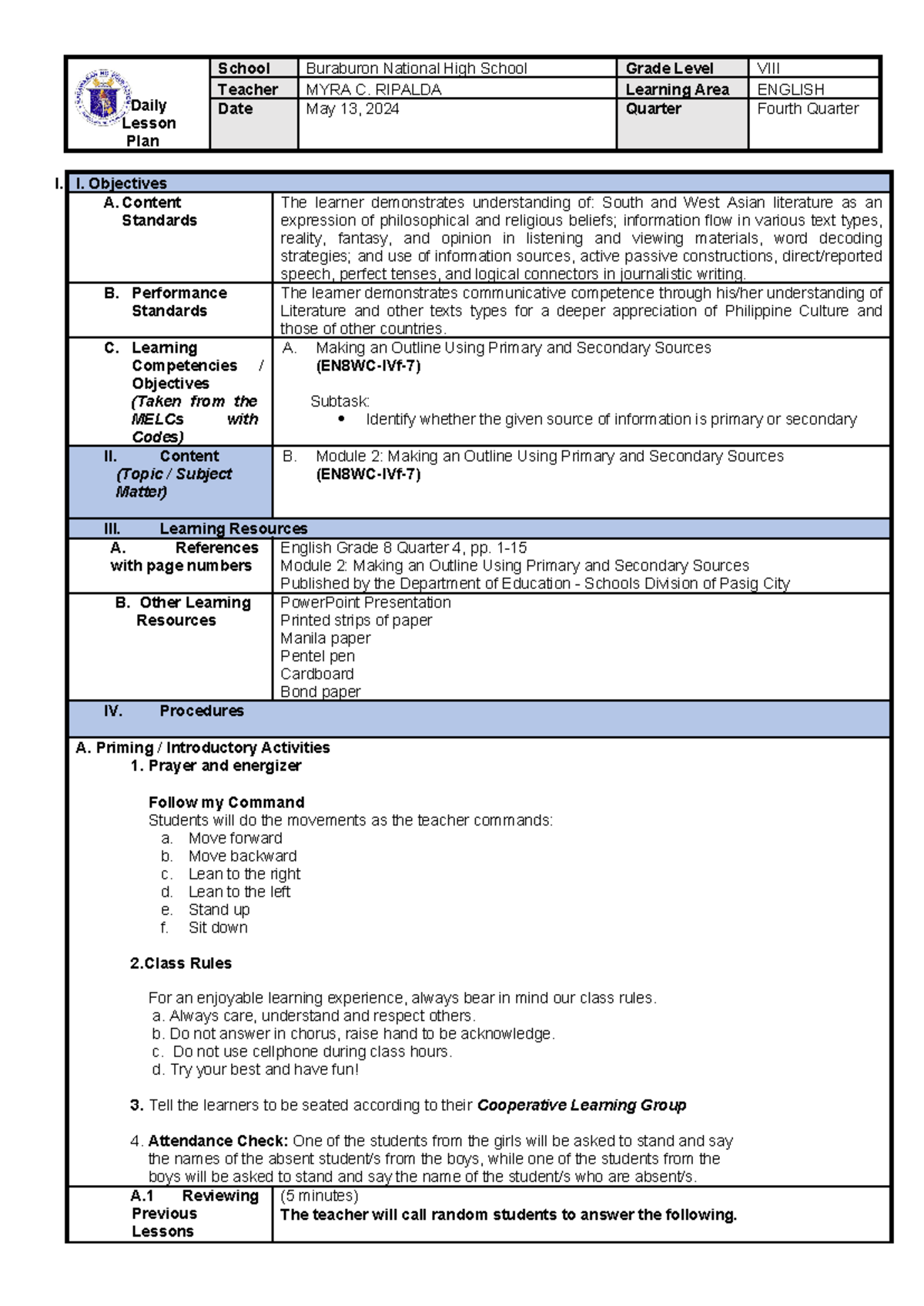 CO4-Ripalda LP Pprimary AND Secondary Sources edited - Daily Lesson ...