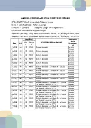 FICHA DE ANAMNESE NUTRICIONAL PARA NUTRIÇÃO CLINICA - Estágio de Nutrição  Clínica