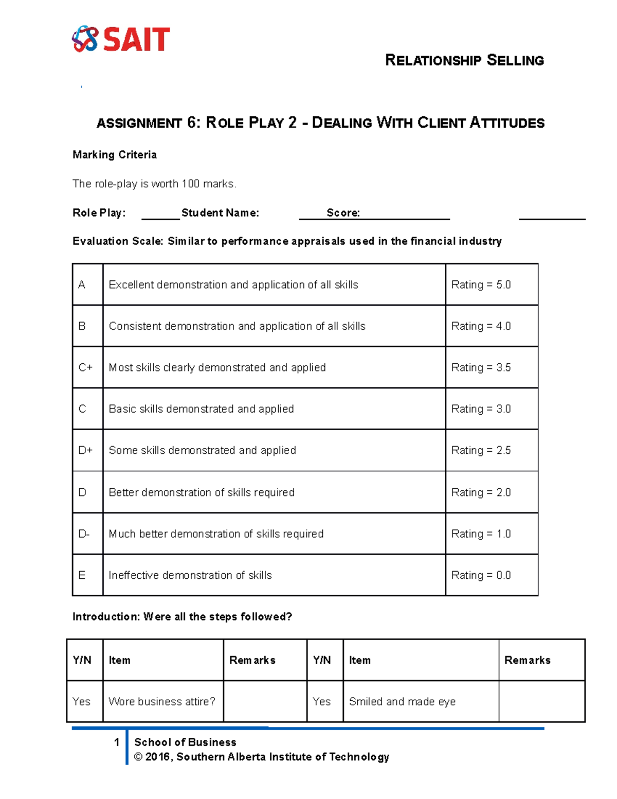 Role Play Grading Rubricfor the Class of BFIN 360 - ASSIGNMENT 6: ROLE ...