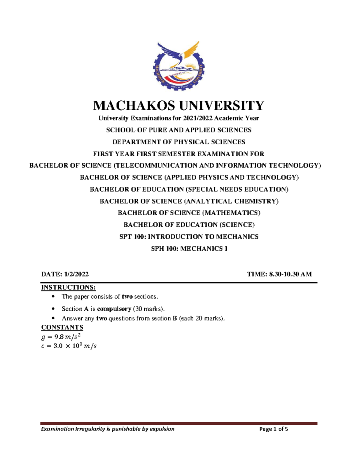 SPT 100 Introduction TO Mechanics - MACHAKOS UNIVERSITY University ...