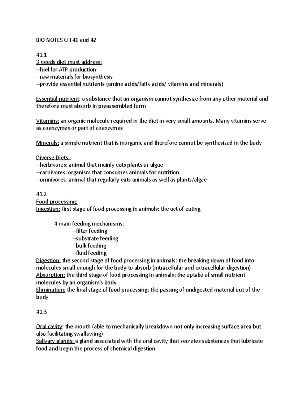 Ch 41 and 42 notes - BIO NOTES CH 41 and 42 3 needs diet must address ...